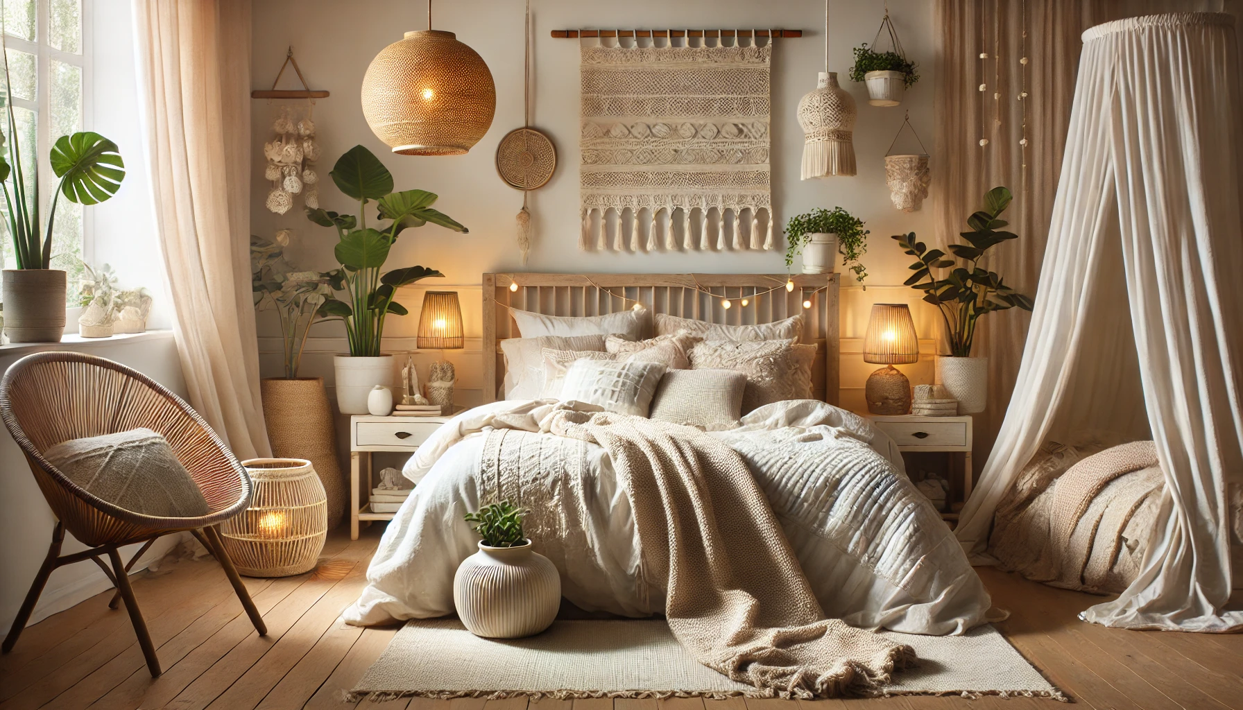 Relaxing Boho Bedroom with Neutral Tones and Soft Lighting