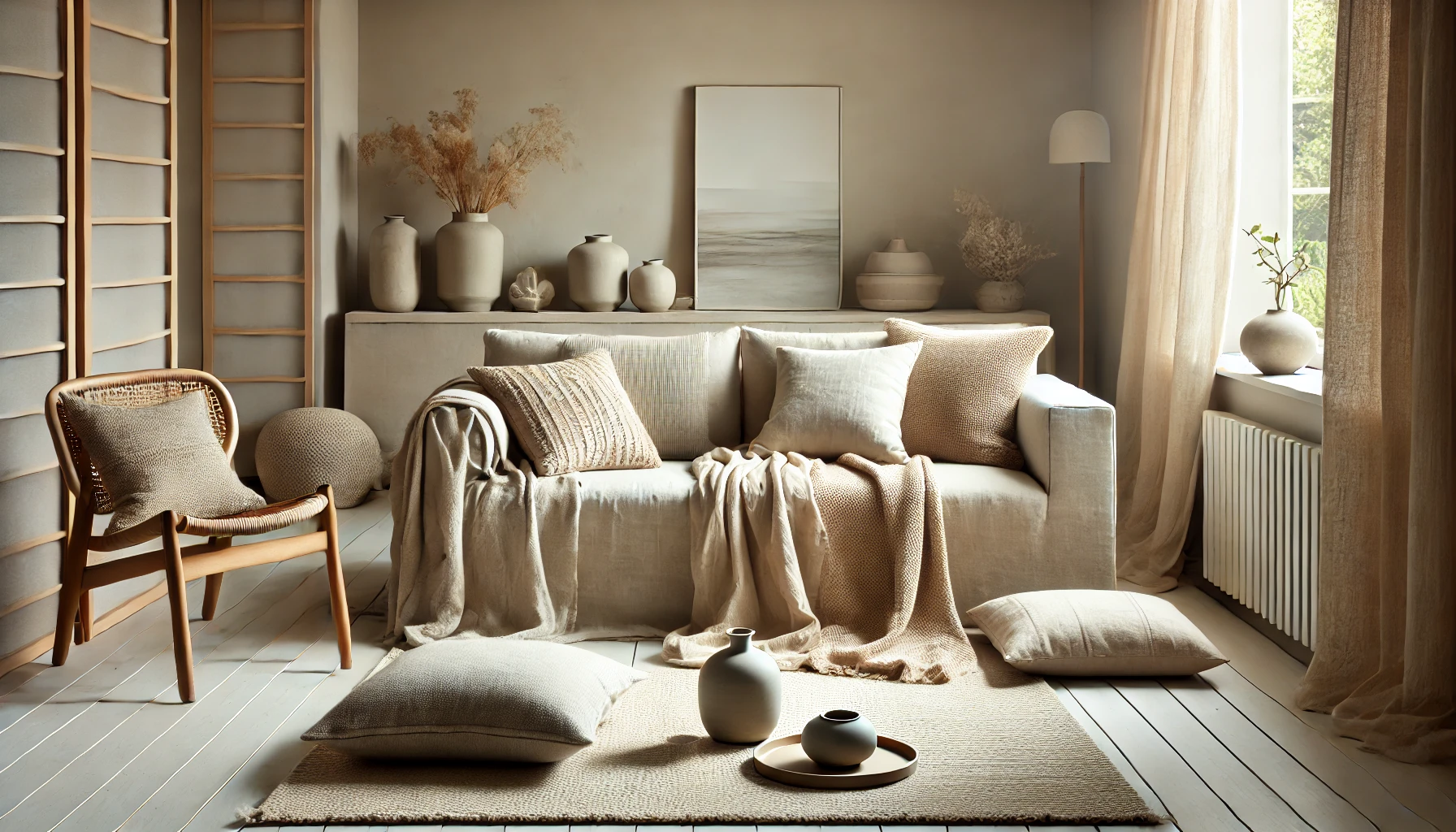 Relaxing Zen Living Room with Soft Textiles and Minimal Decor