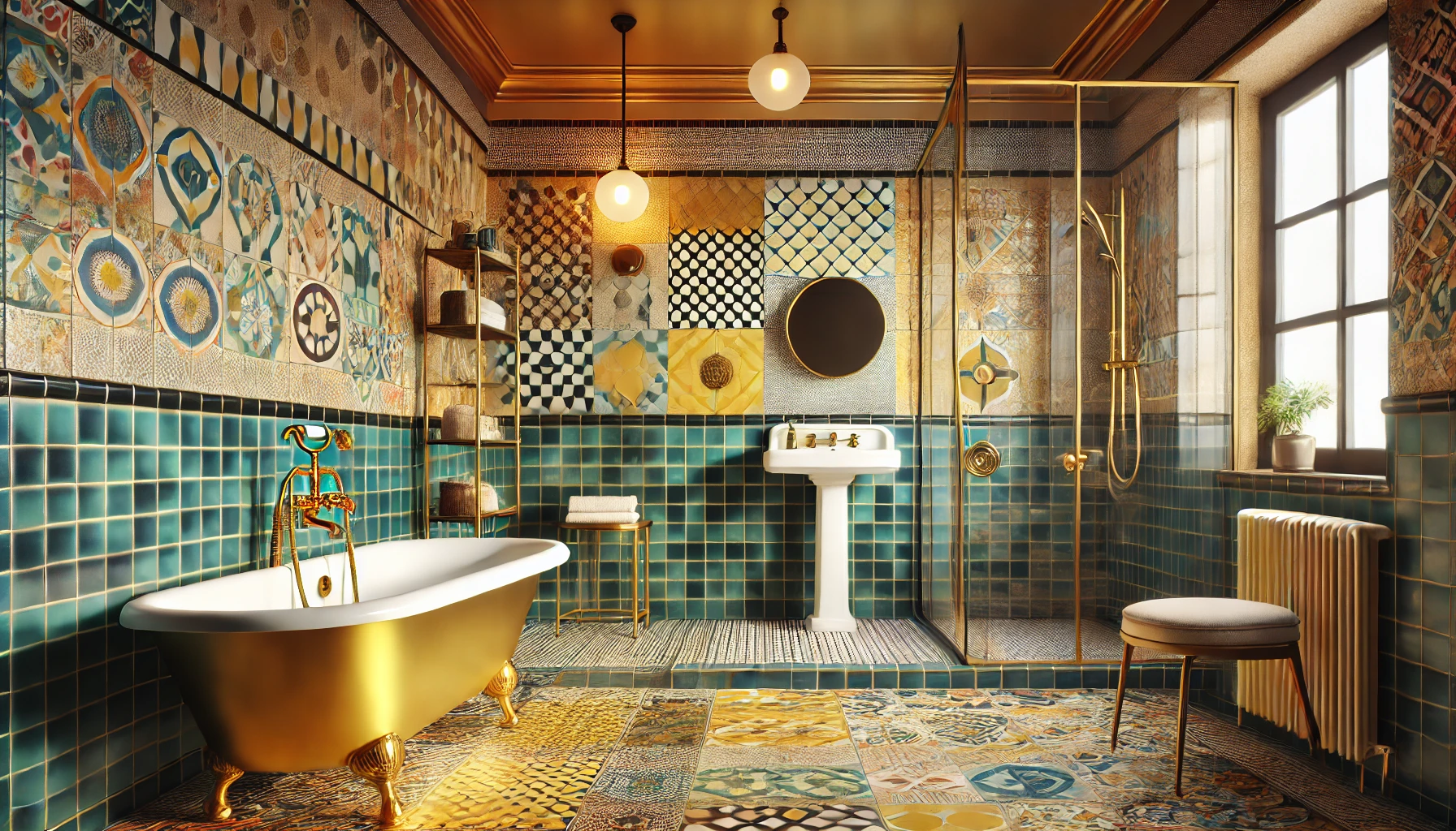 Retro-Modern Bathroom with Vintage Fixtures and Bold Tiles