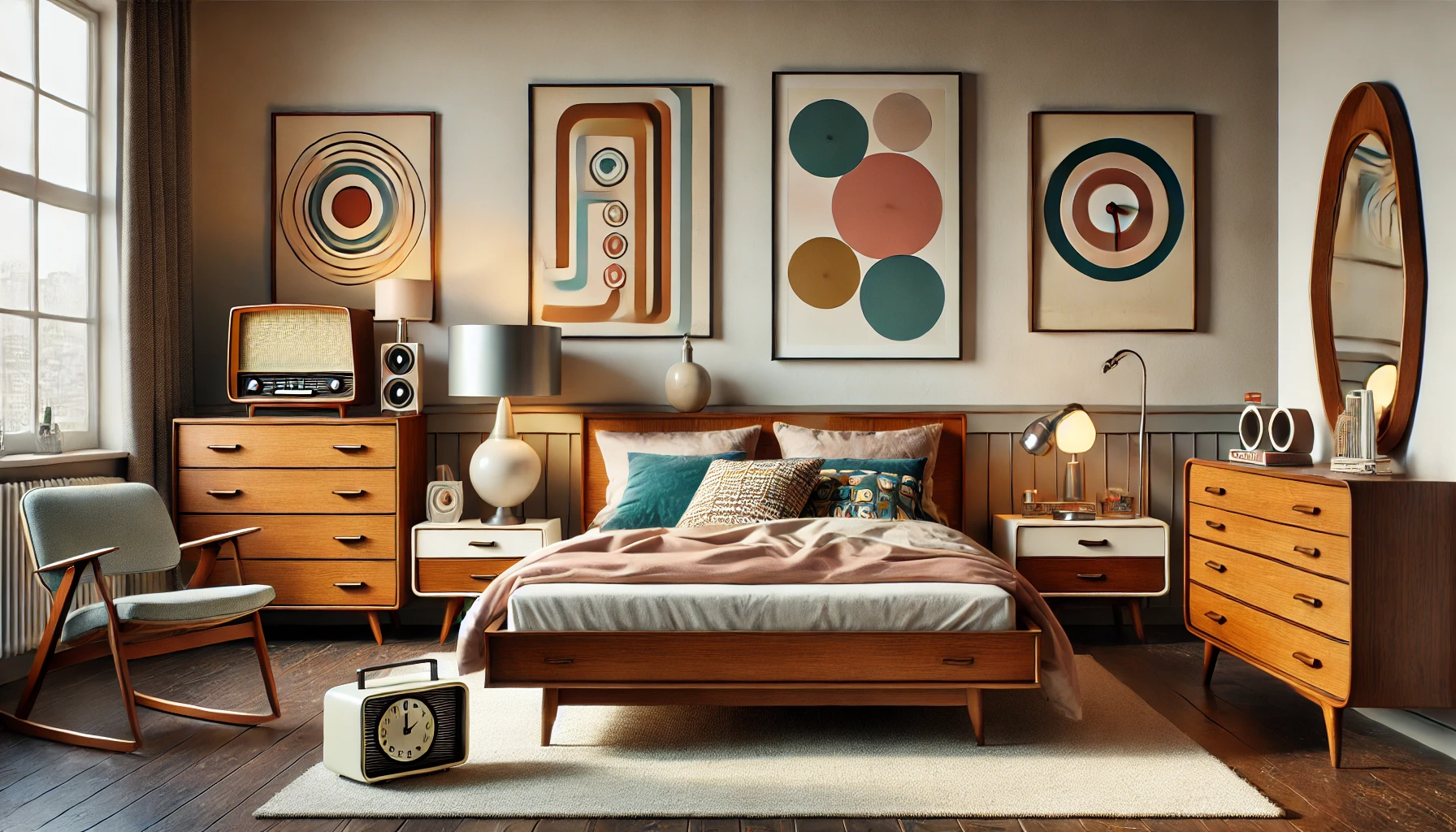 Retro-Modern Bedroom with Mid-Century Furniture and Modern Decor