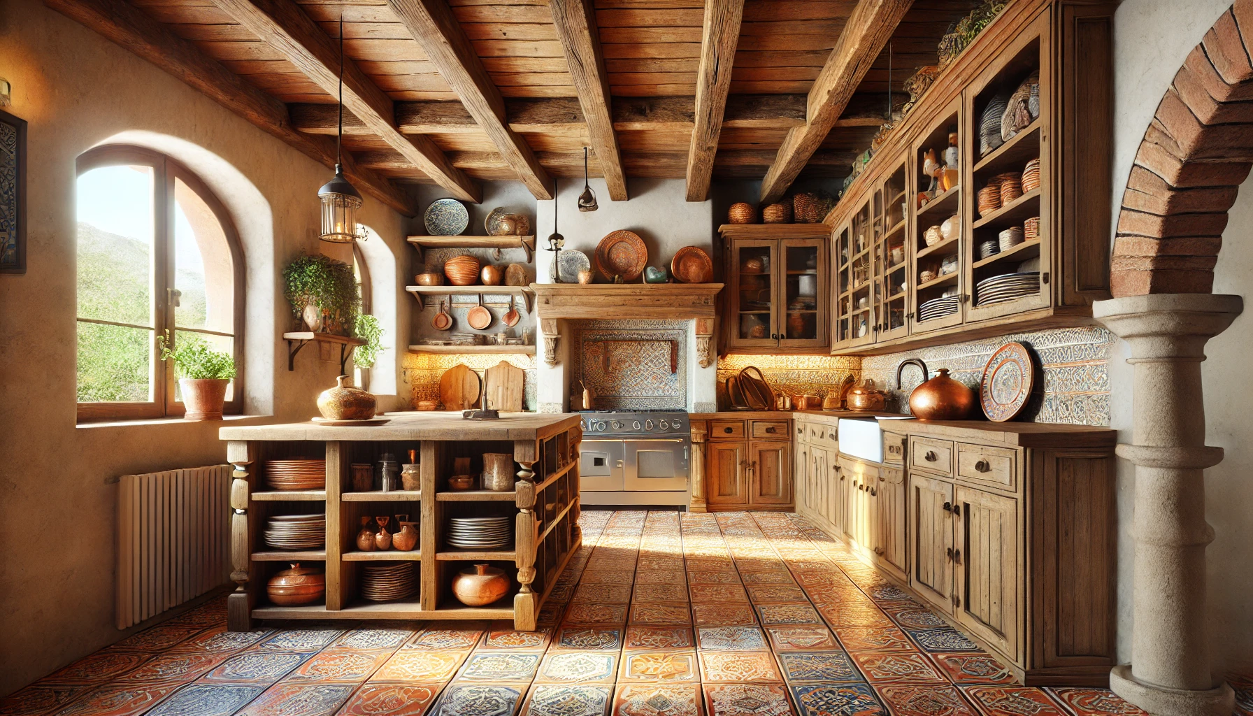 Rustic Mediterranean Kitchen with Terracotta Tiles and Wooden Beams