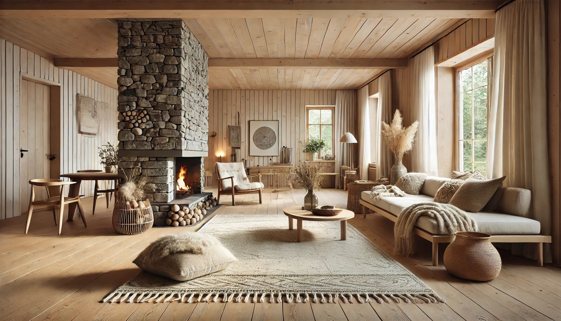 Scandinavian home interior featuring natural materials like light wood floors, woolen rugs, and stone accents, creating a cozy and inviting atmosphere.