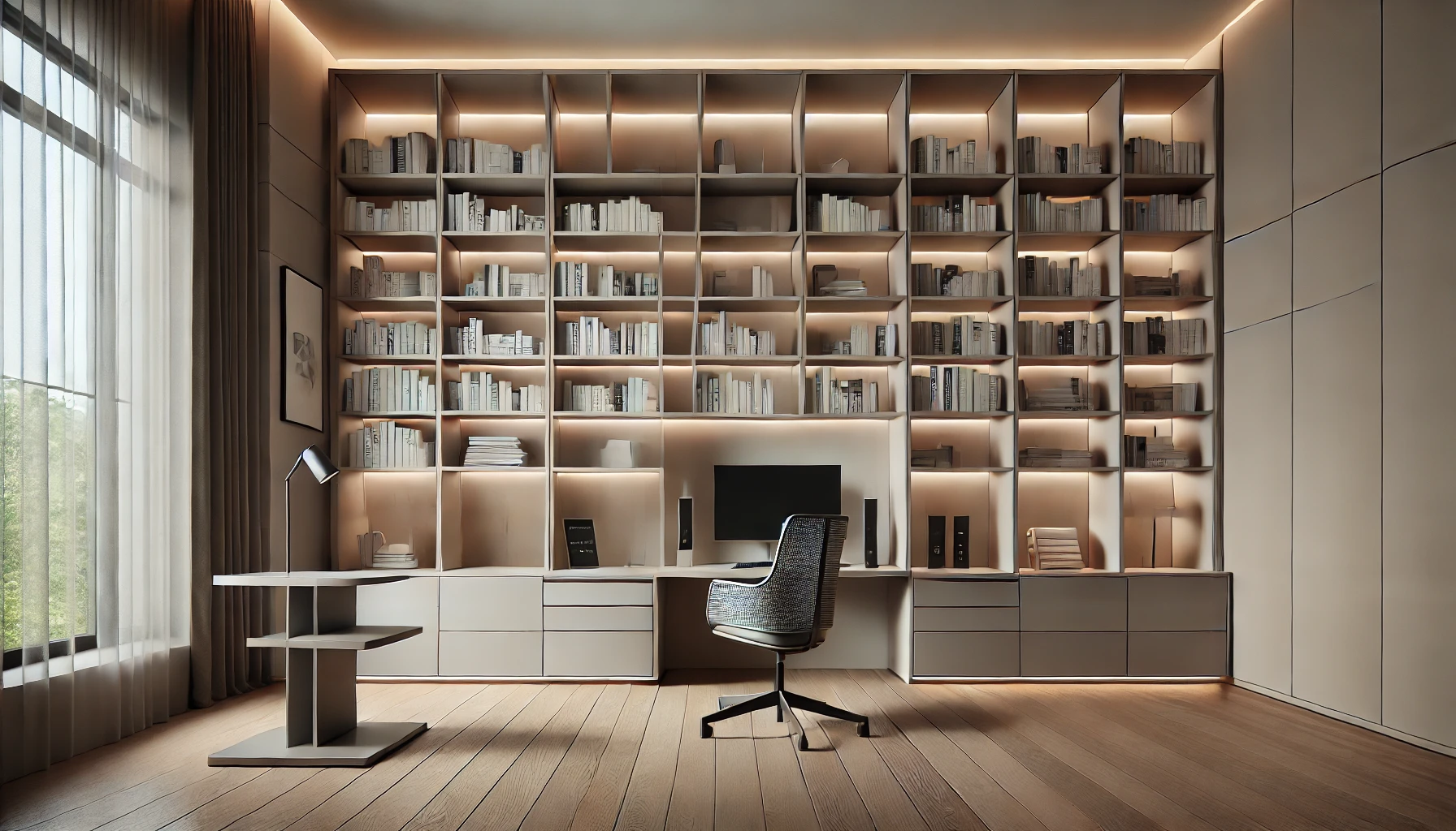 Sleek Minimalist Modern Home Library with LED Lighting