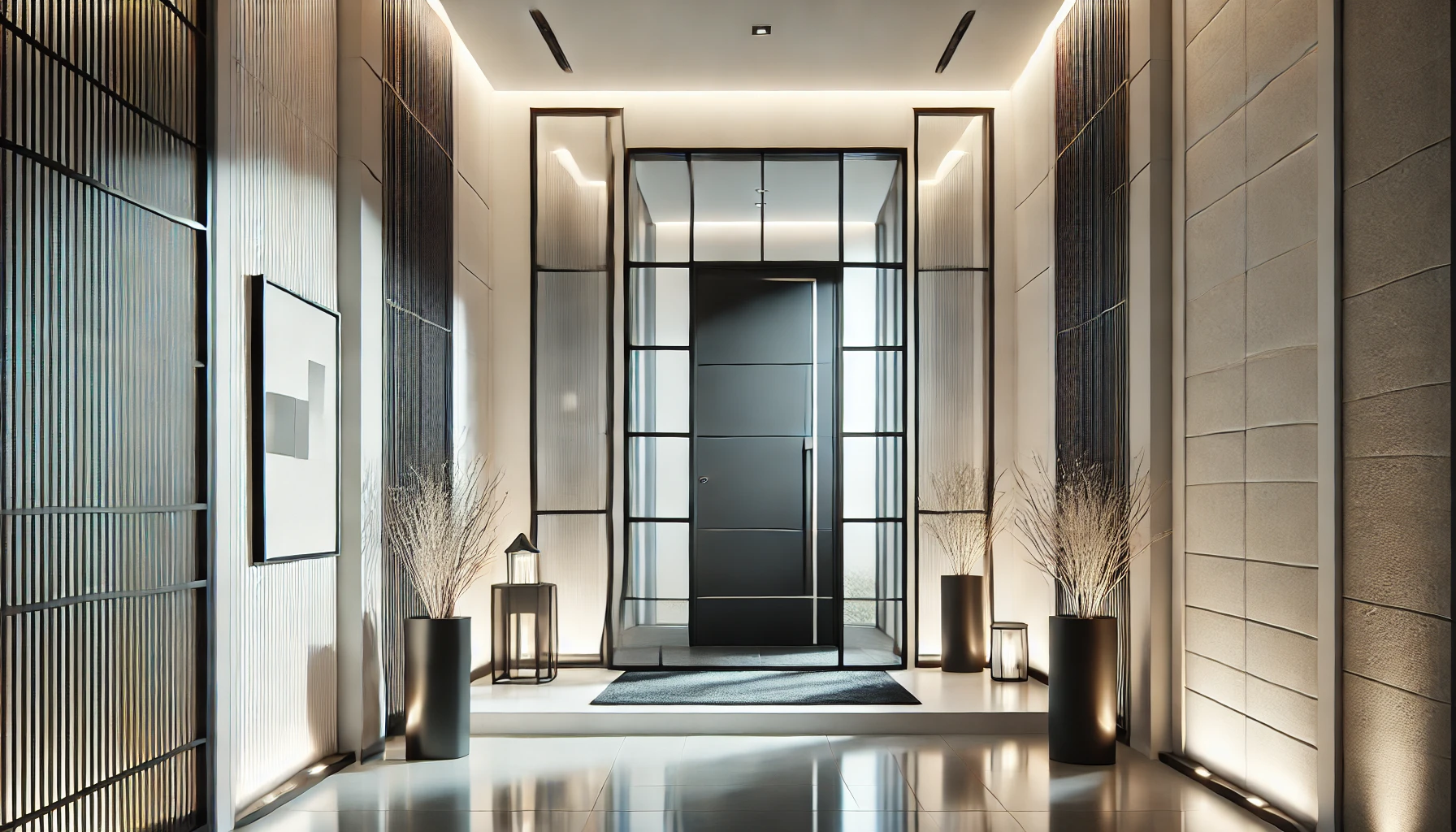 Sleek Modern Home Entrance with Glass Door and Metal Accents