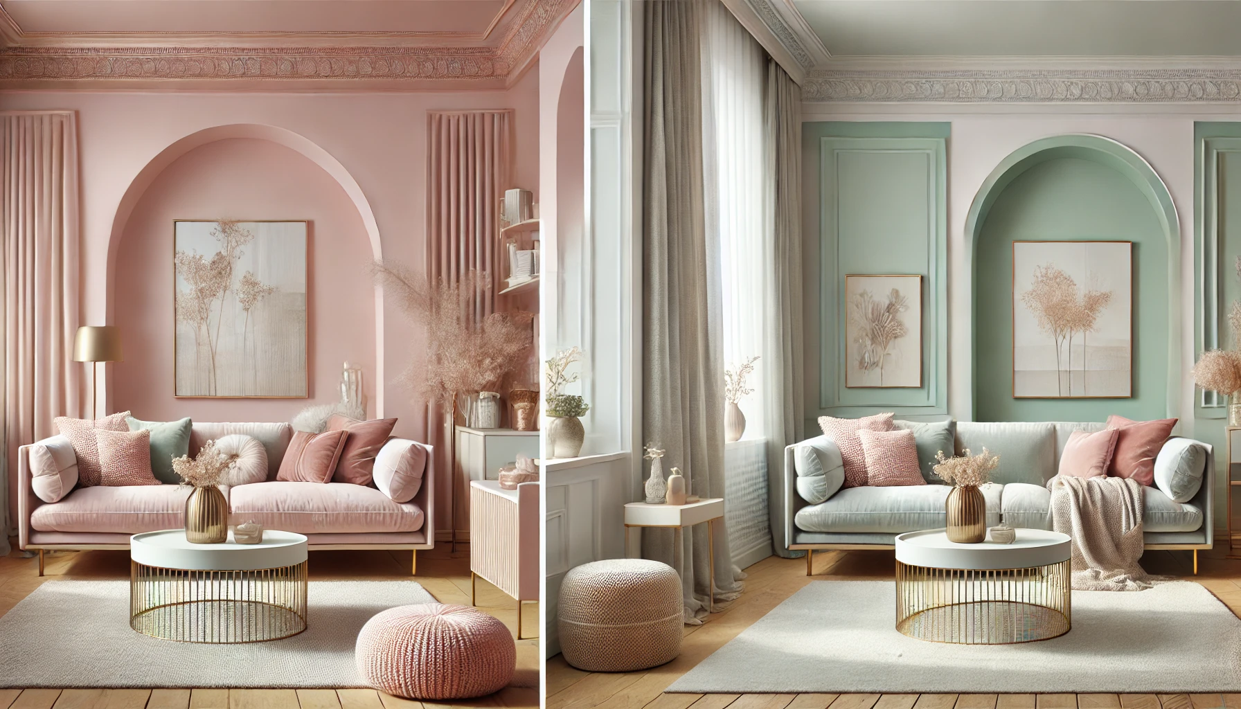 Soft Pastel Home Interior with Blush Pink, Gray, and Mint Green