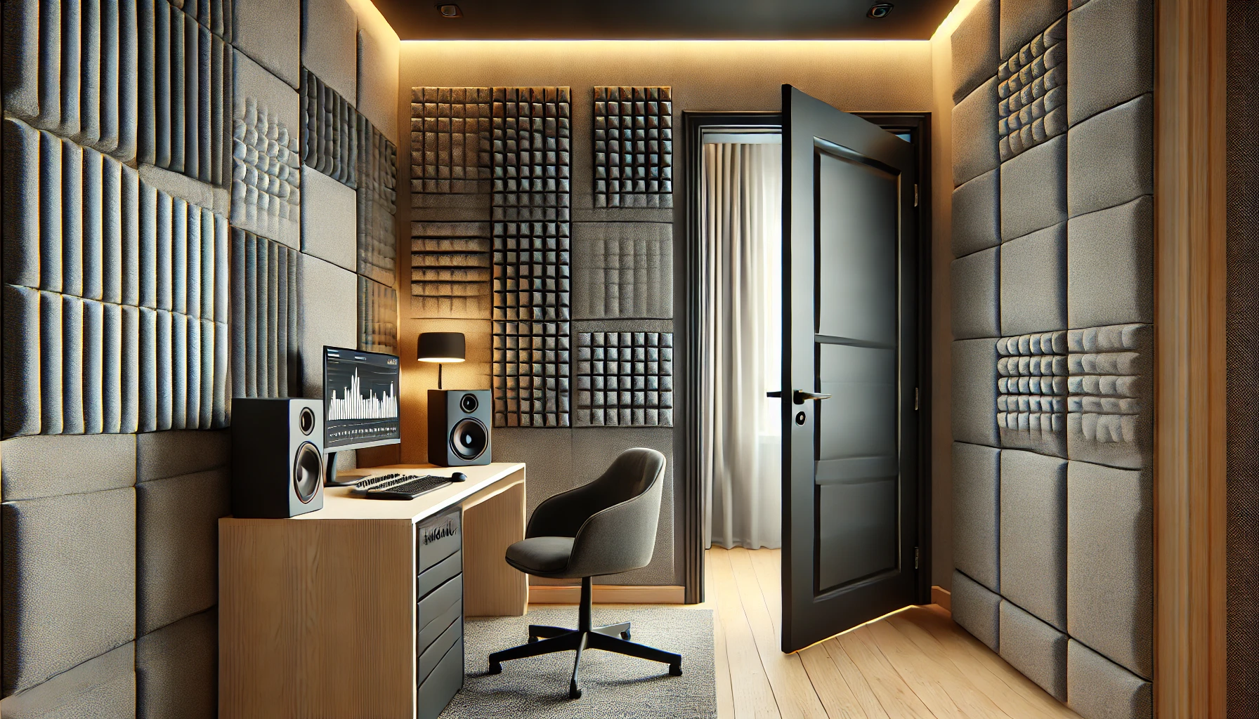 Soundproofed Home Office with Acoustic Panels and Solid-Core Door