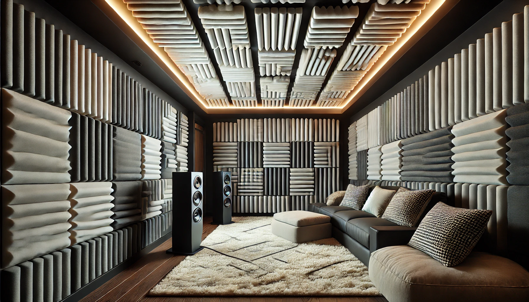 Soundproofed Home Theater with Foam Panels and Thick Carpets