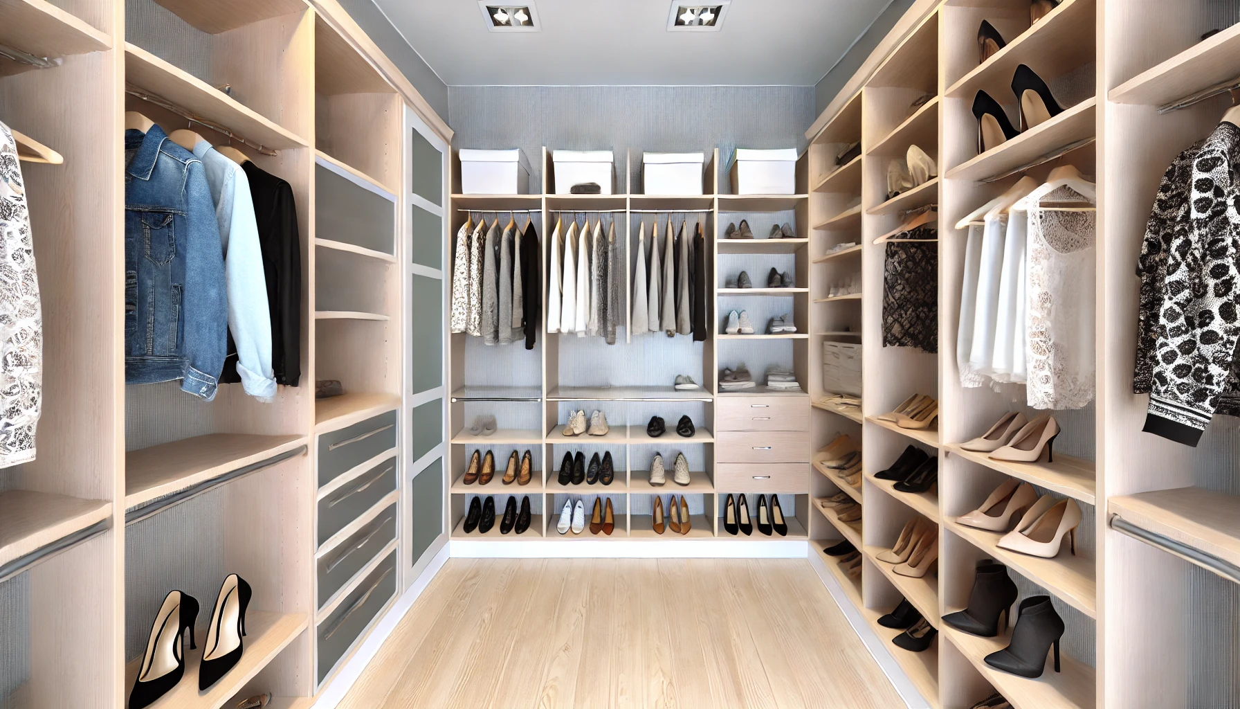 Spacious Walk In Closet With Custom Shelving And Organization