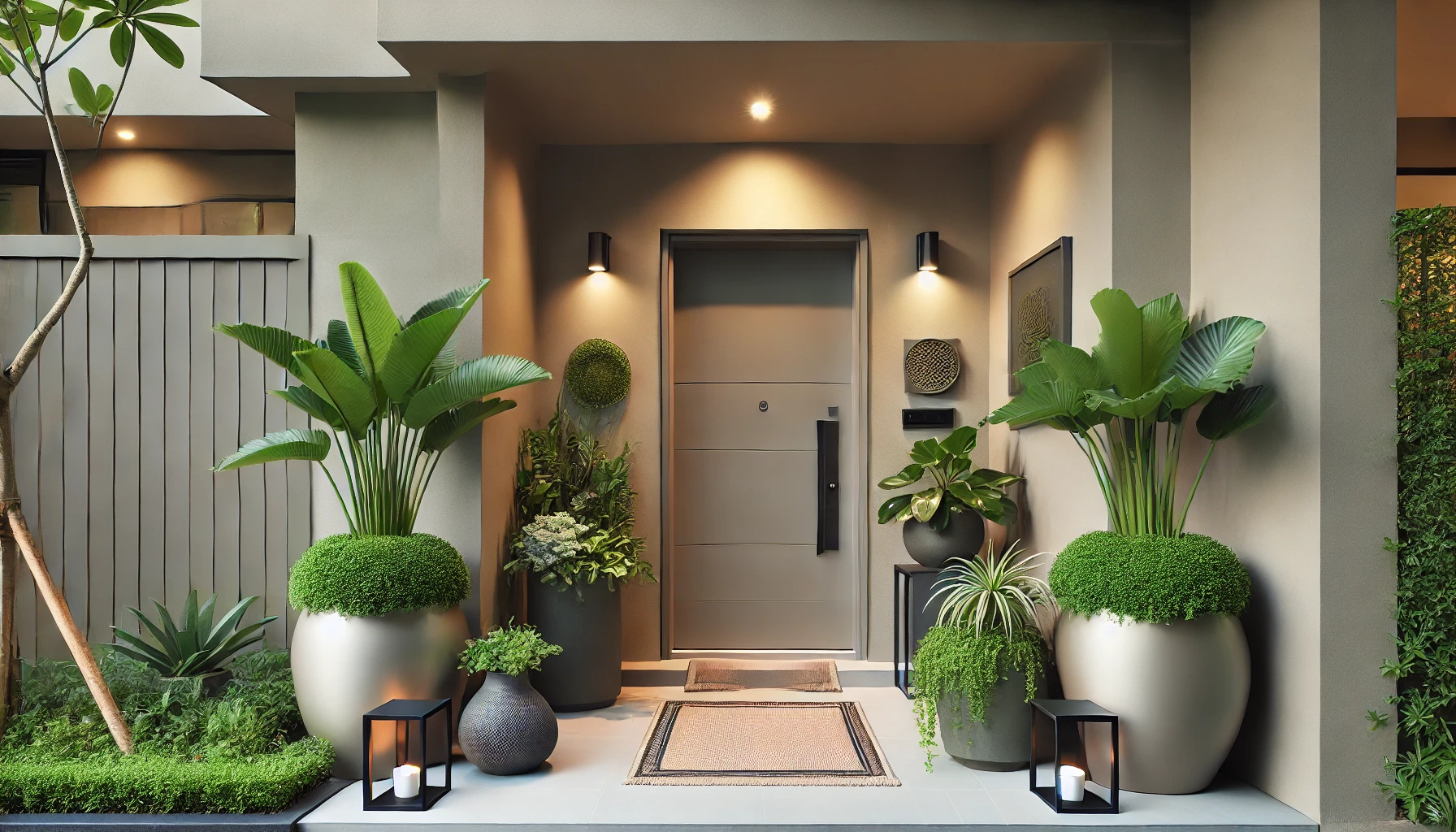 Stylish Home Entrance with Potted Plants and Minimalist Decor