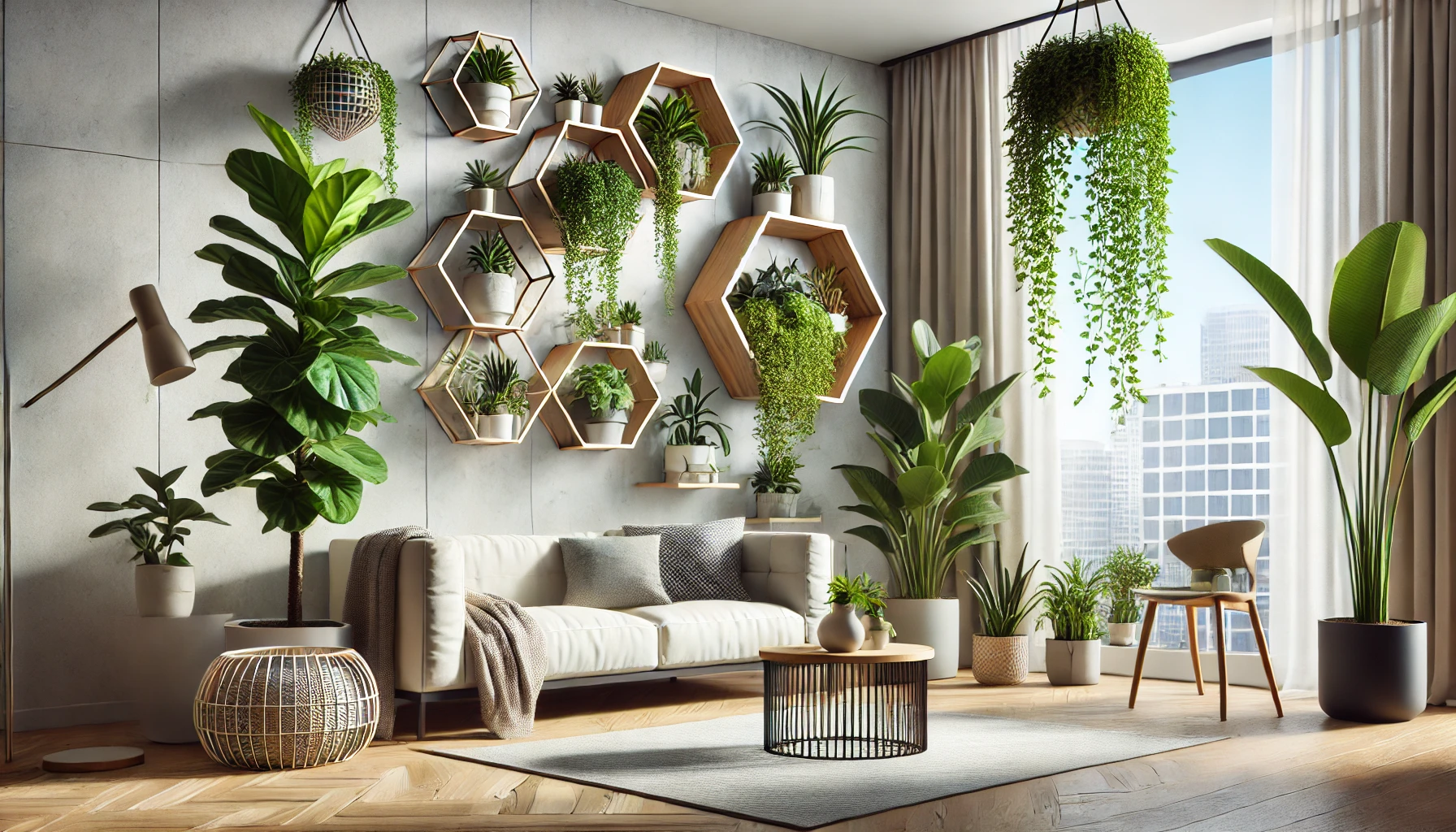 Stylish Indoor Living Room with Elegant Plant Arrangement