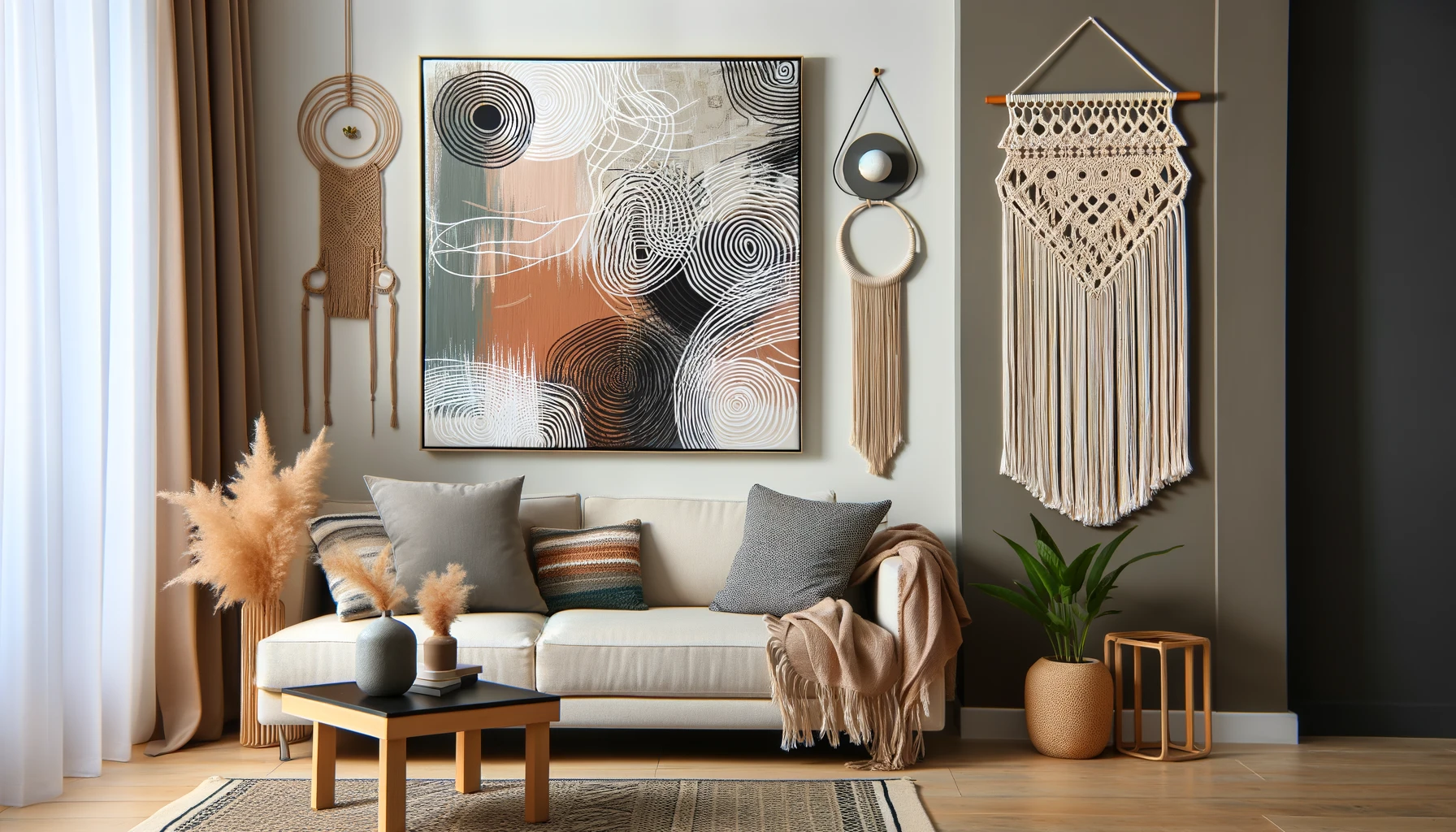 Stylish Living Room with DIY Abstract Canvas and Macrame Wall Hanging