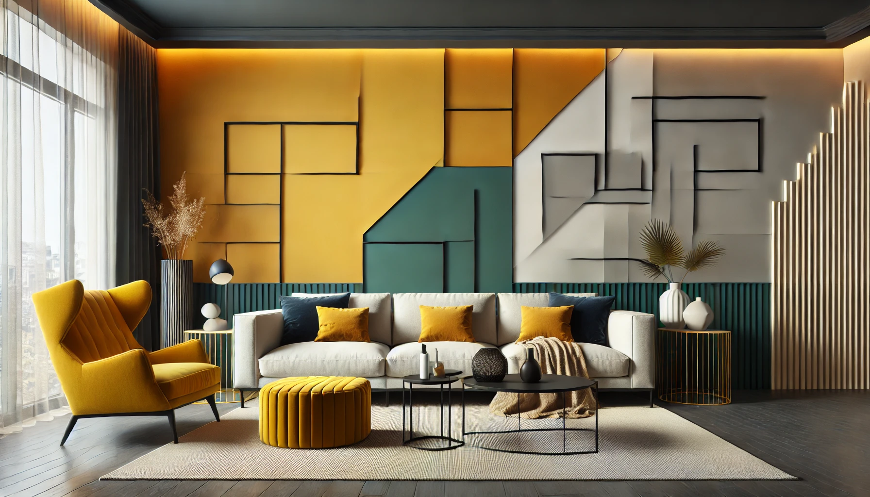 Vibrant Mustard Yellow Feature Wall with Creative Geometric Design