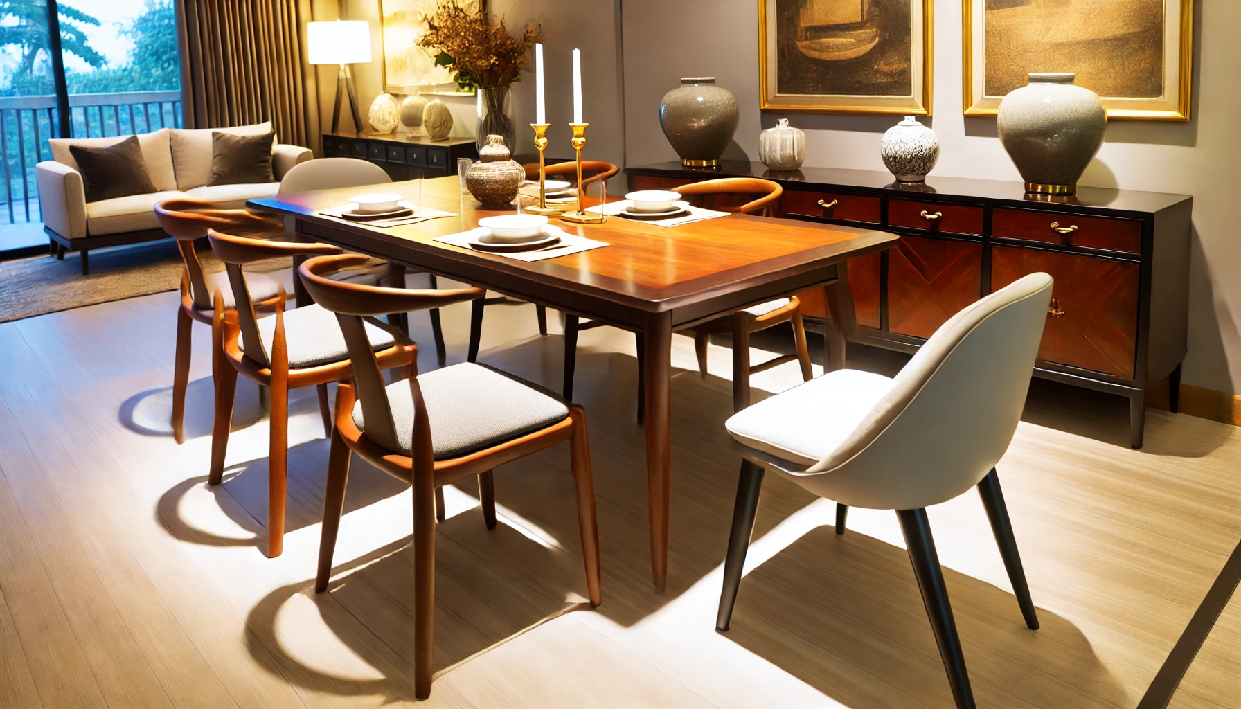 Vintage Dining Table with Modern Chairs