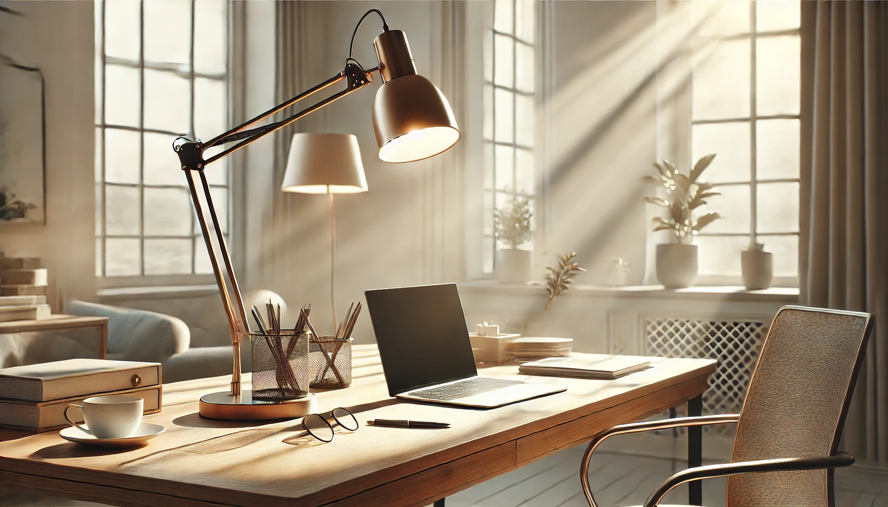 A Bright Home Office Featuring A Single Desk Lamp, With Natural Light Streaming Through A Nearby Window.