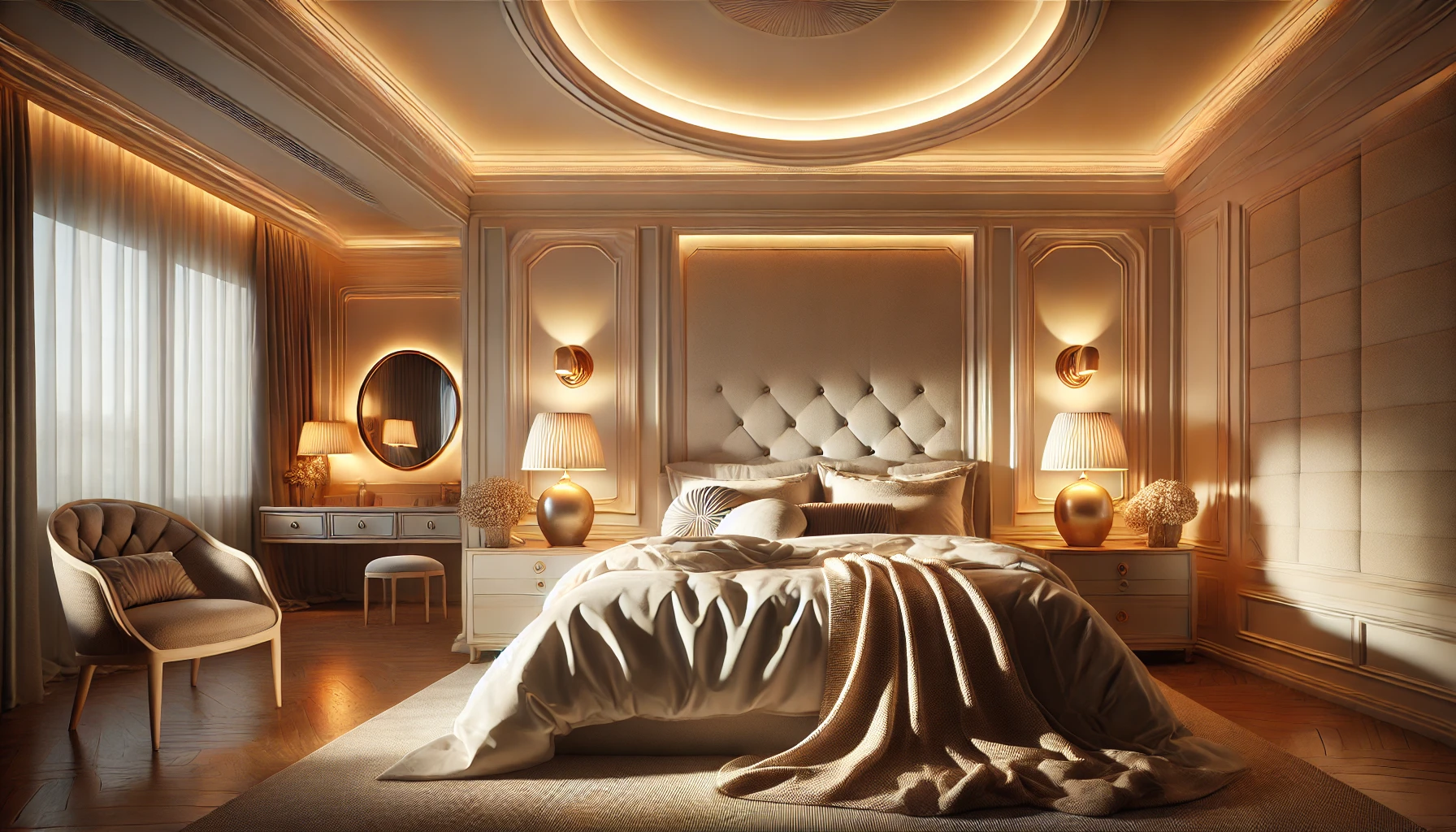 A Cozy Bedroom With Soft Lighting From Bedside Lamps And Sconces, Creating A Tranquil, Relaxing Atmosphere.