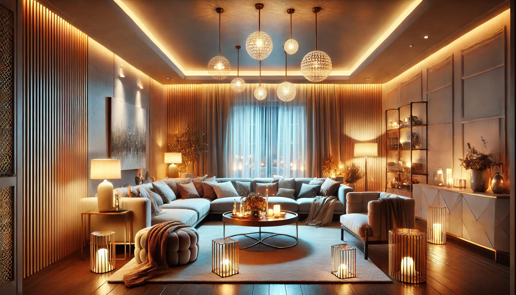 A Cozy Living Room Featuring Dimmable, Color Changing Led Lights, Creating A Warm And Relaxing Ambiance For Evening Entertainment.