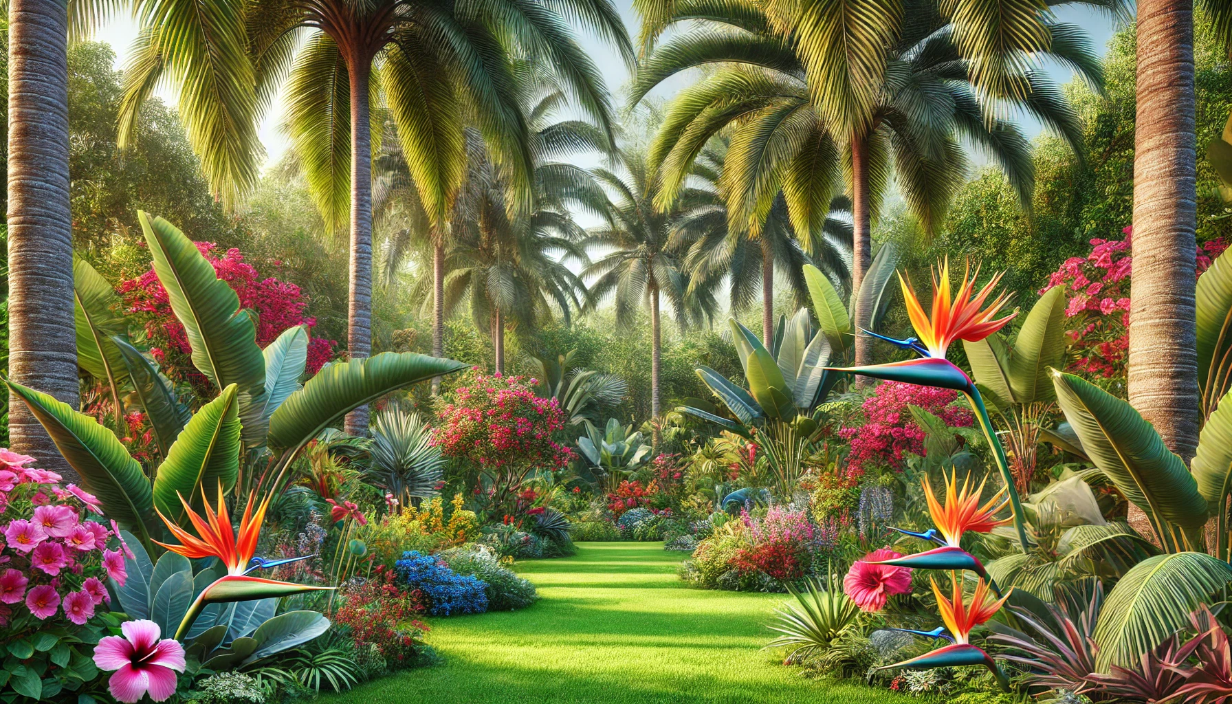 A Lush Tropical Garden With Vibrant Colors, Large Palm Trees, And Exotic Plants Like Hibiscus And Bird Of Paradise.