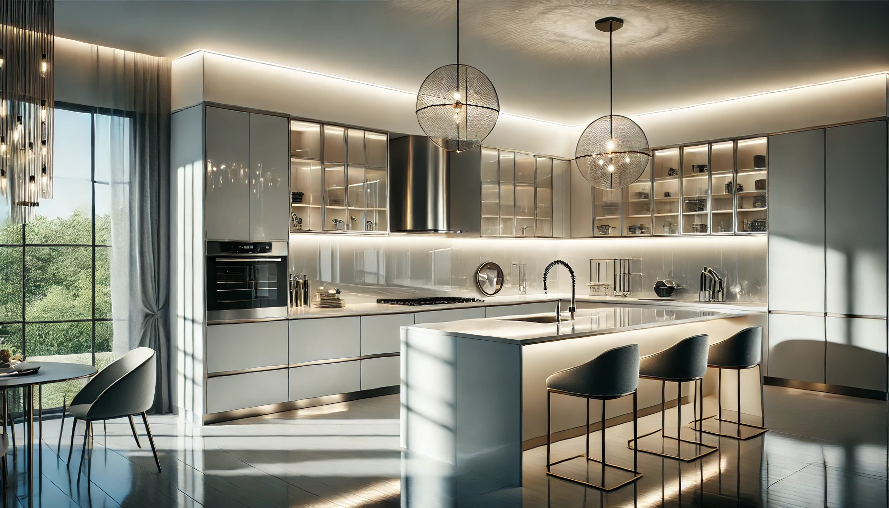 A Sophisticated Kitchen, Featuring Sleek Cabinetry And Stylish Pendant Lights.