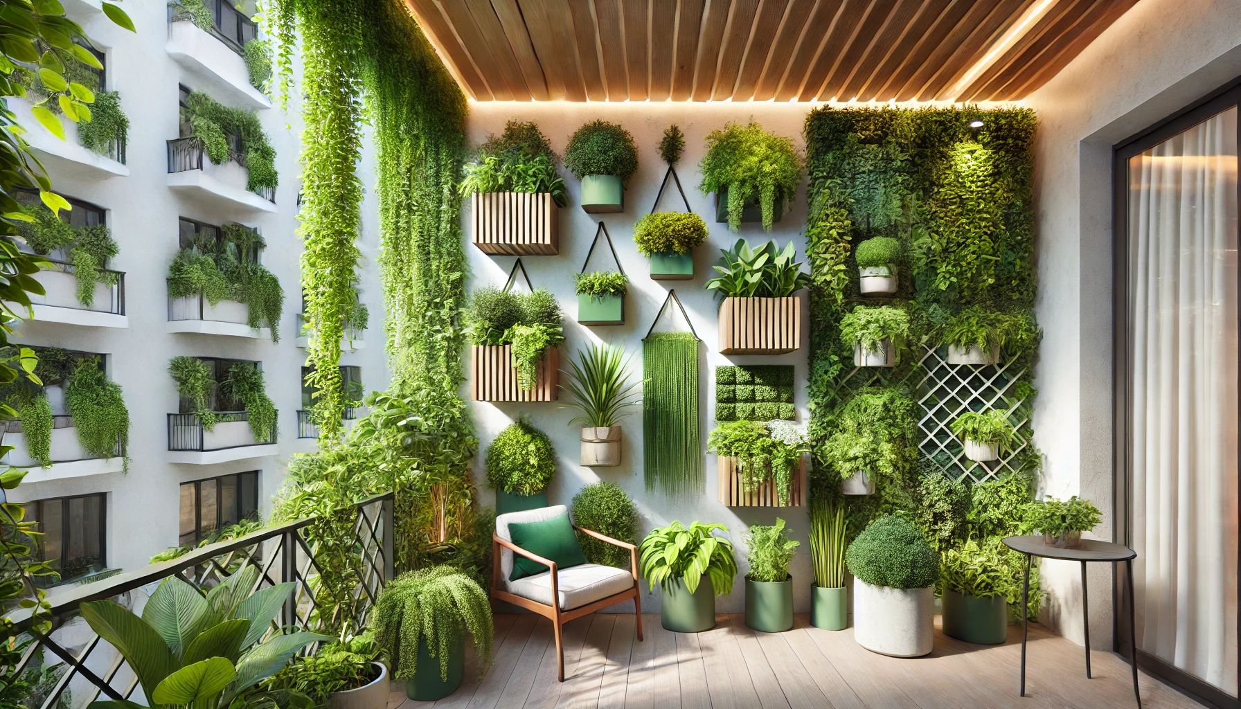 A Vertical Garden On A Small Balcony With Wall Mounted Planters And Climbing Plants On Trellises.