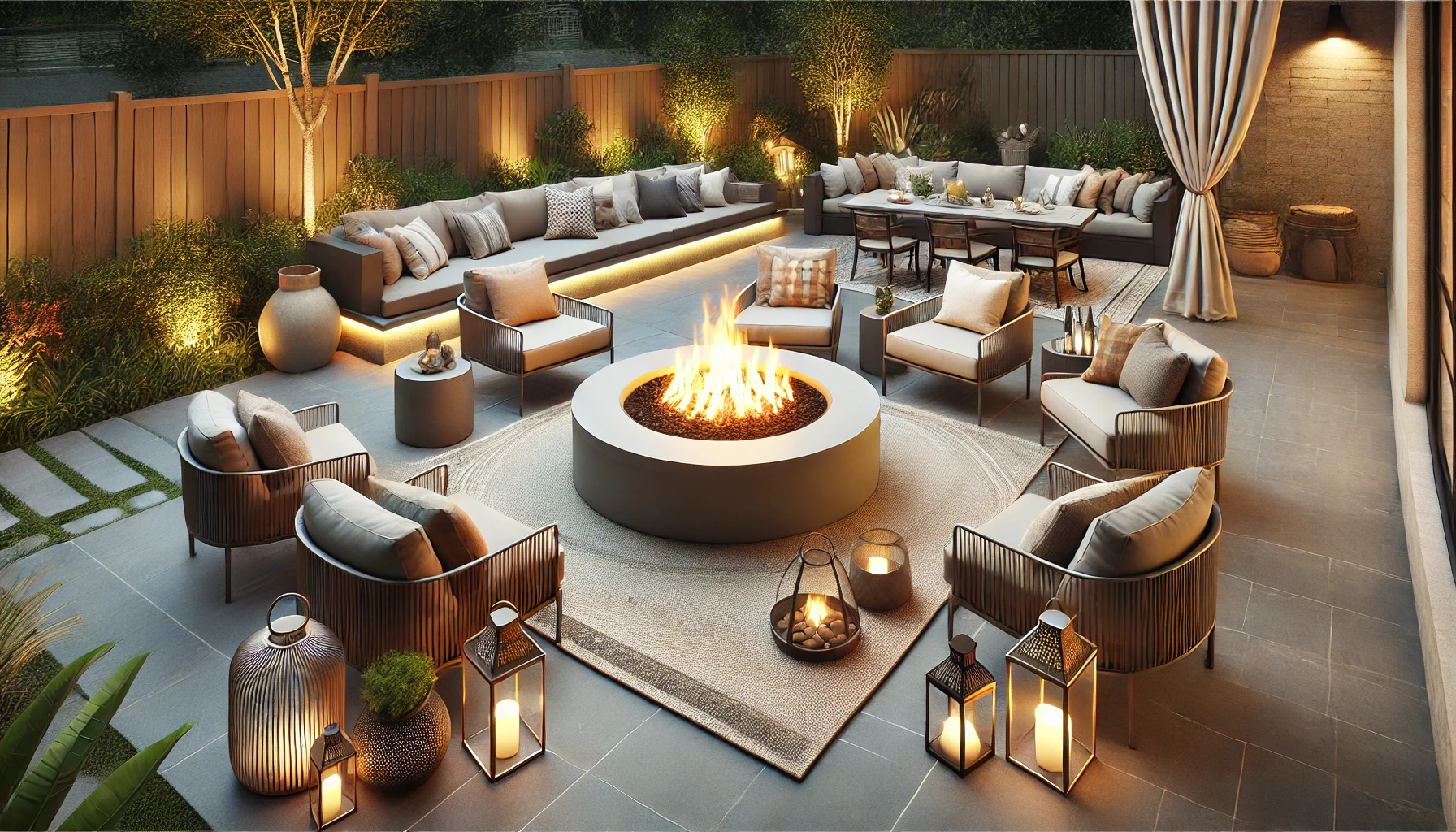 Backyard Fire Pit With A Sleek, Modern Design, Surrounded By Comfortable Seating And Decorative Elements, Creating A Cozy Space For Gatherings.