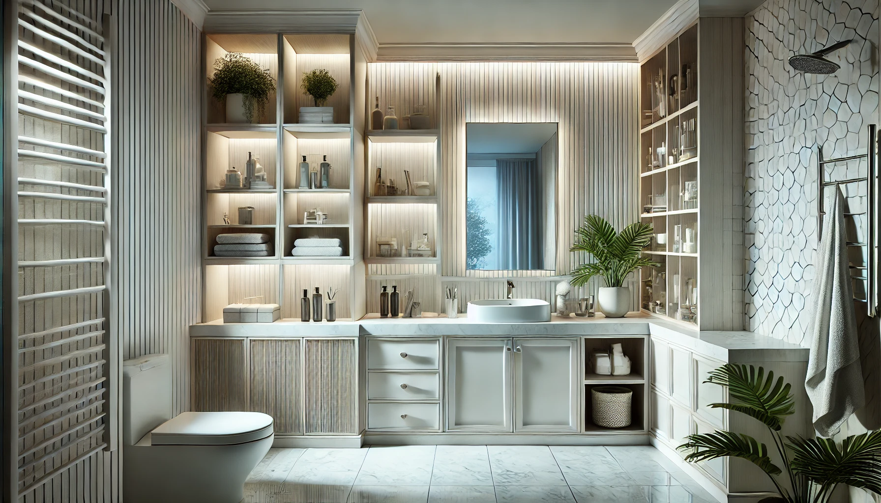 bathroom design with built-in storage, floating shelves, and under-sink cabinets