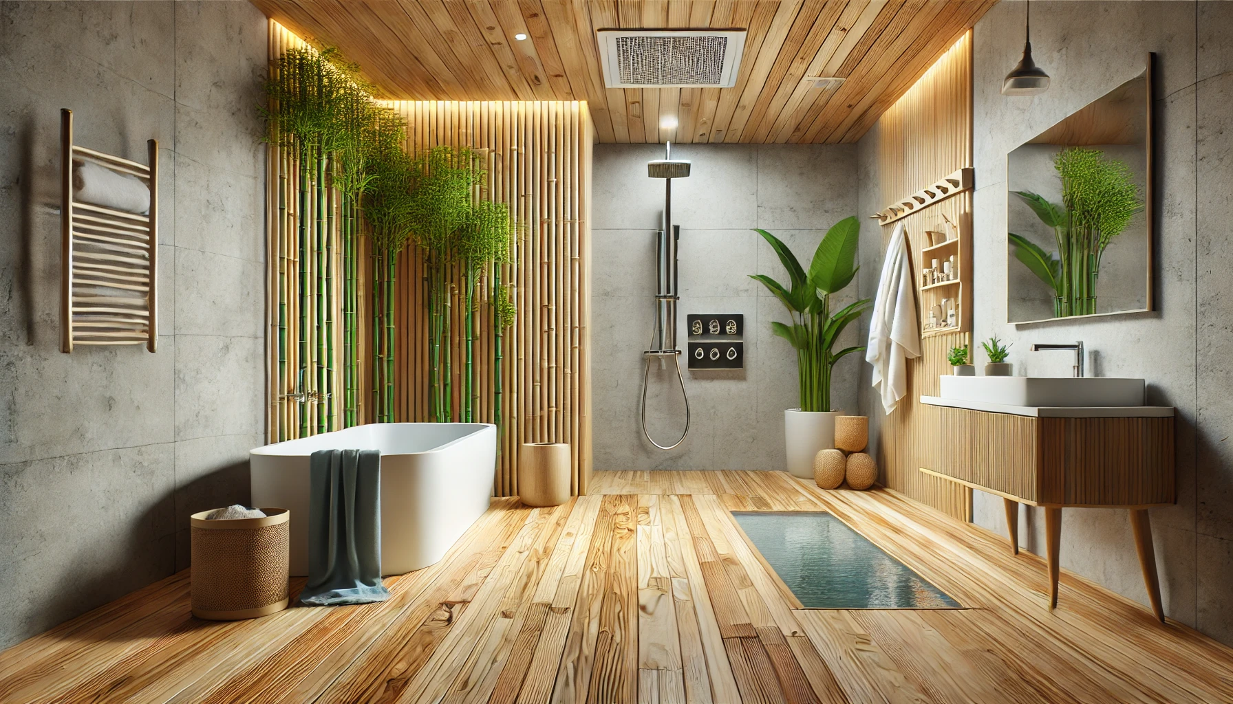 bathroom featuring eco-friendly elements like bamboo flooring, water-saving faucets, and a rainwater collection system