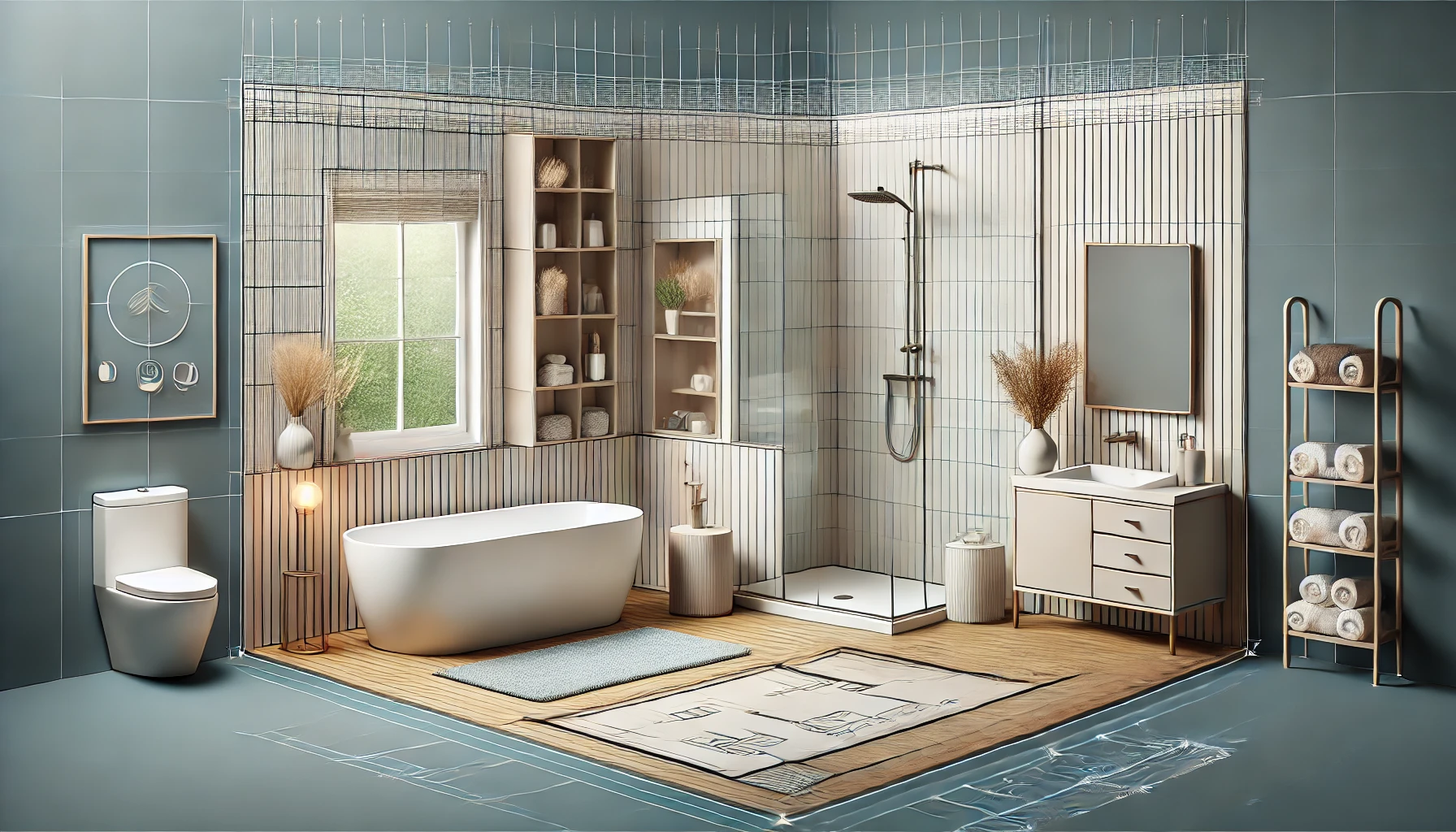 bathroom layout featuring a freestanding bathtub, a spacious shower area, and strategically placed storage, designed to balance style and functionality