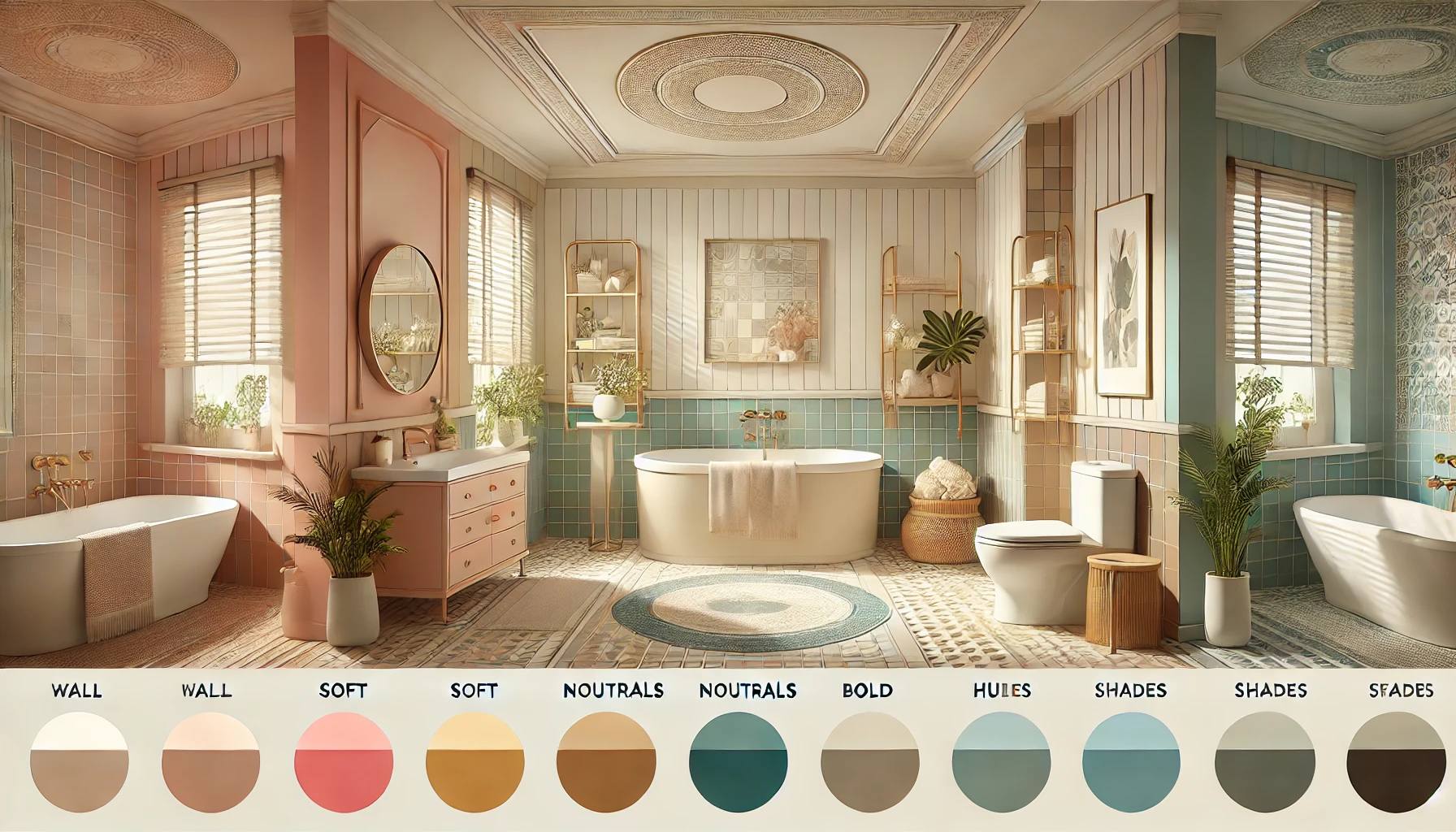 bathroom with different color schemes, showcasing the impact of soft neutrals, bold hues, and calming shades