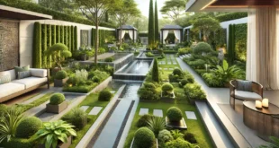 Beautifully Landscaped Modern Garden With Lush Greenery, A Serene Water Feature, And Well Designed Pathways.