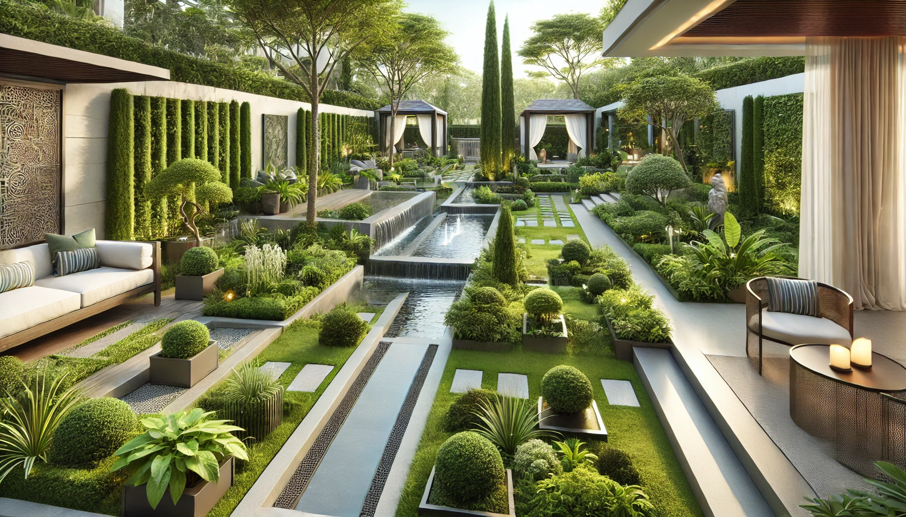 Beautifully Landscaped Modern Garden With Lush Greenery, A Serene Water Feature, And Well Designed Pathways.