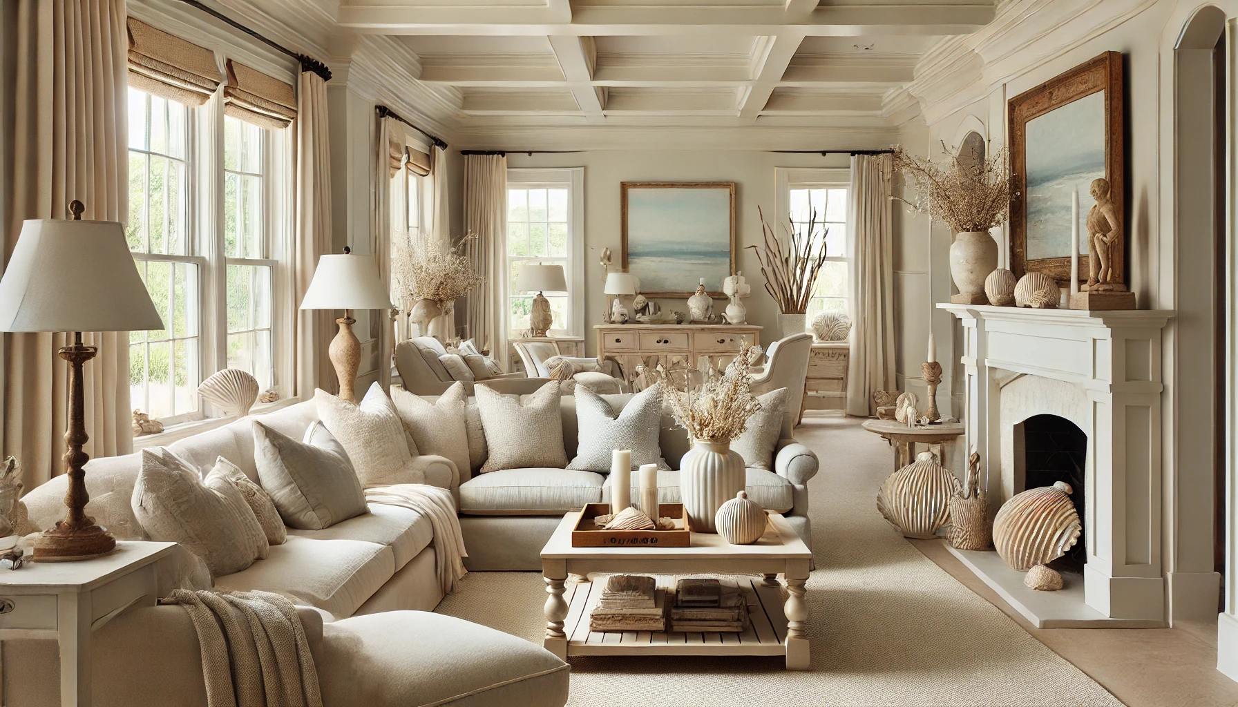 Beautifully Styled Coastal Home Living Room With Classic Design Elements, Featuring Neutral Colors, Natural Wood, And Soft Linens.