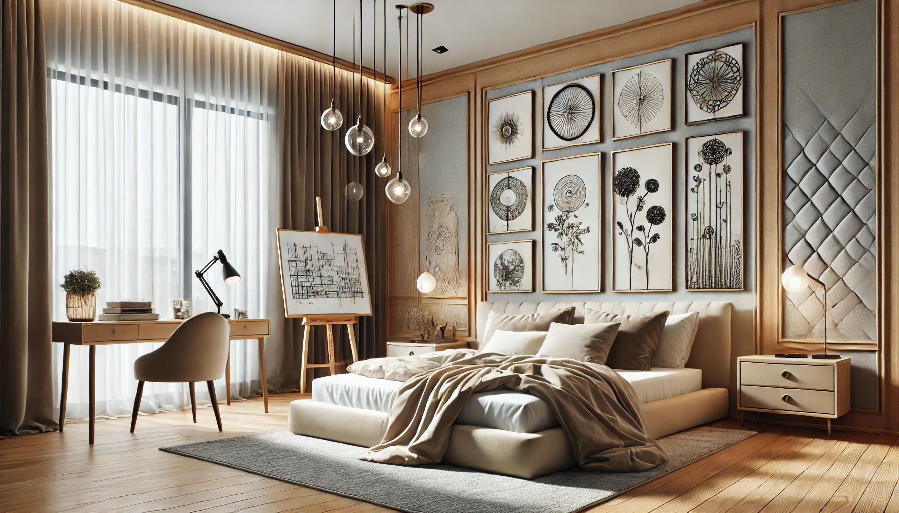 bedroom with unique, personalized decor, blending modern and vintage elements to reflect the homeowner’s personality