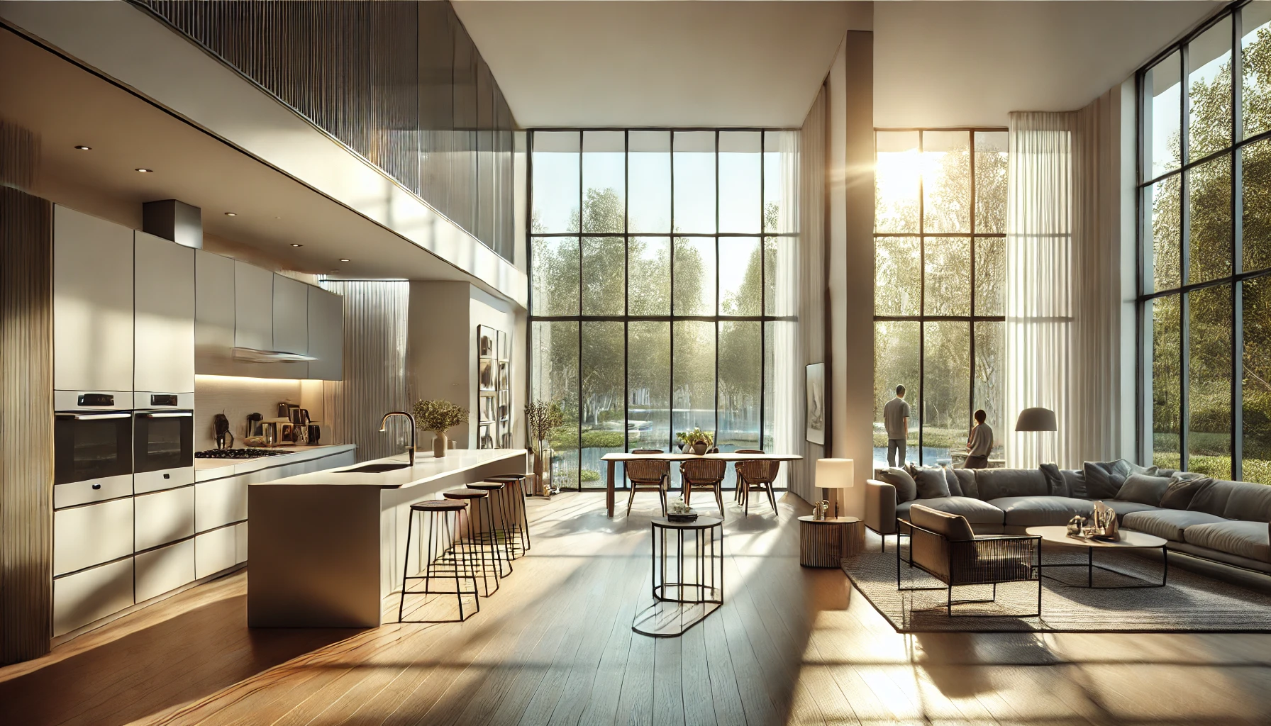 bright and airy open floor plan with large floor-to-ceiling windows, allowing sunlight to fill the connected kitchen, living room, and dining area.