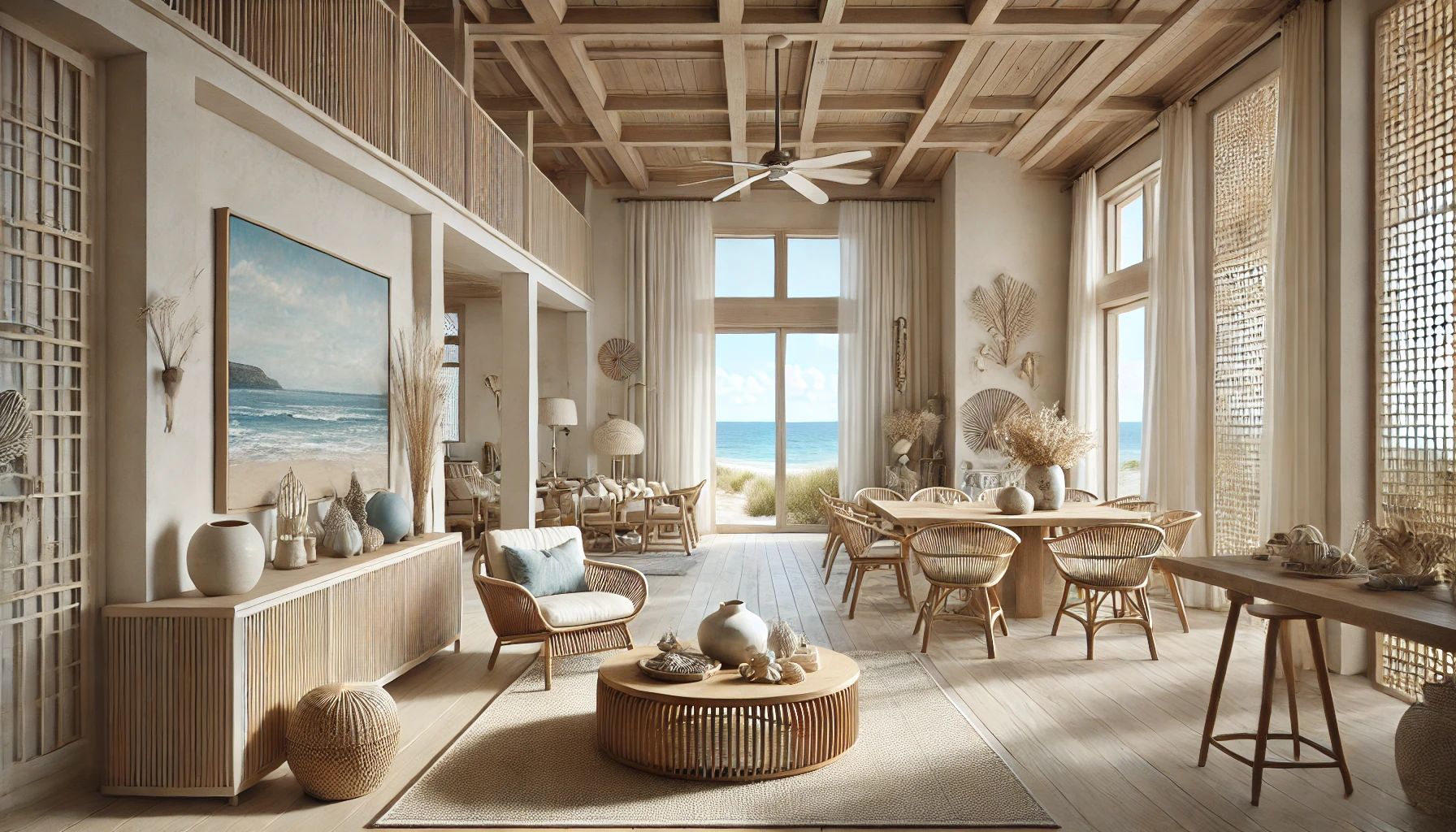 coastal home design image, featuring open spaces, natural materials, and an elegant, realistic touch.