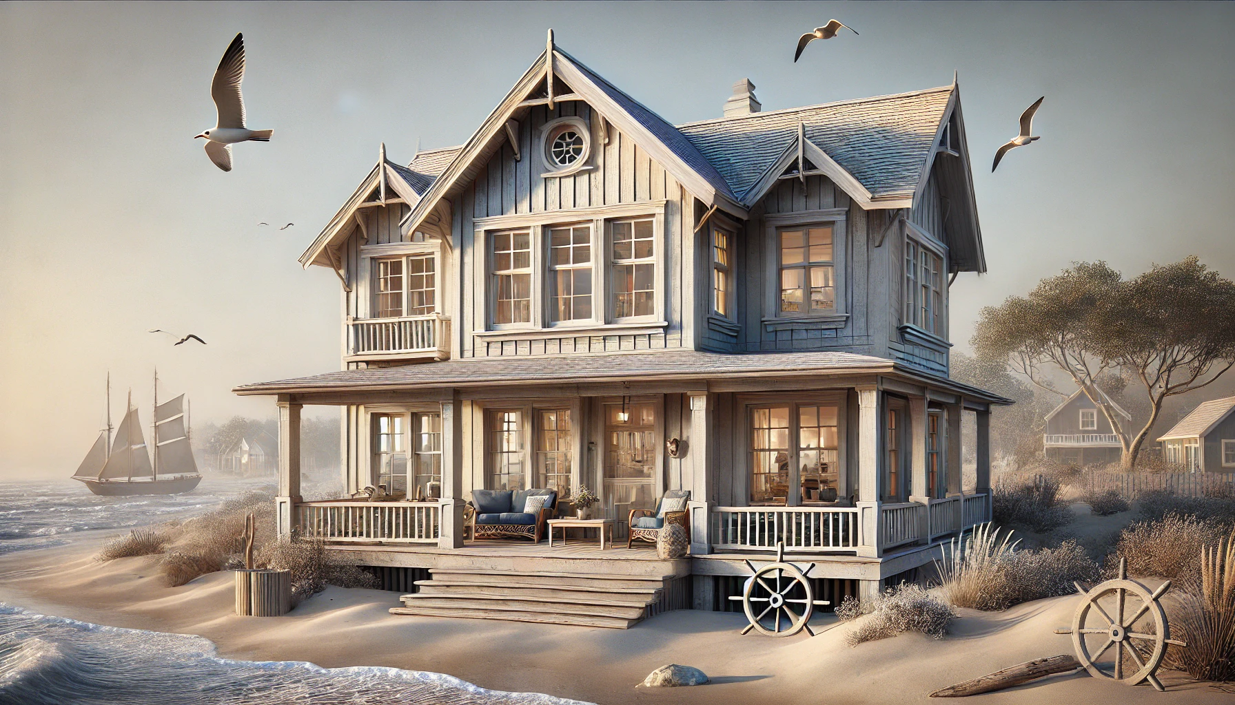 Coastal Home Exterior With A Classic, Weathered Beach Cottage Look, Complete With A Nautical Theme, Seagulls, And Gentle Waves In The Background.