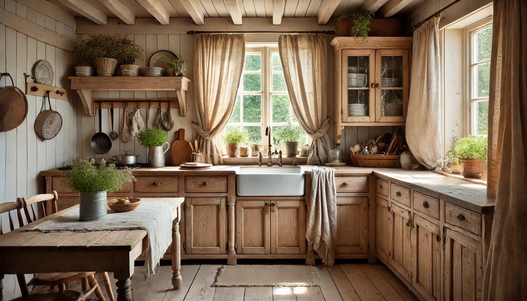 Cozy Cottage Kitchen With Vintage Wooden Cabinets, A Farmhouse Sink, And Organic Linen Curtains.