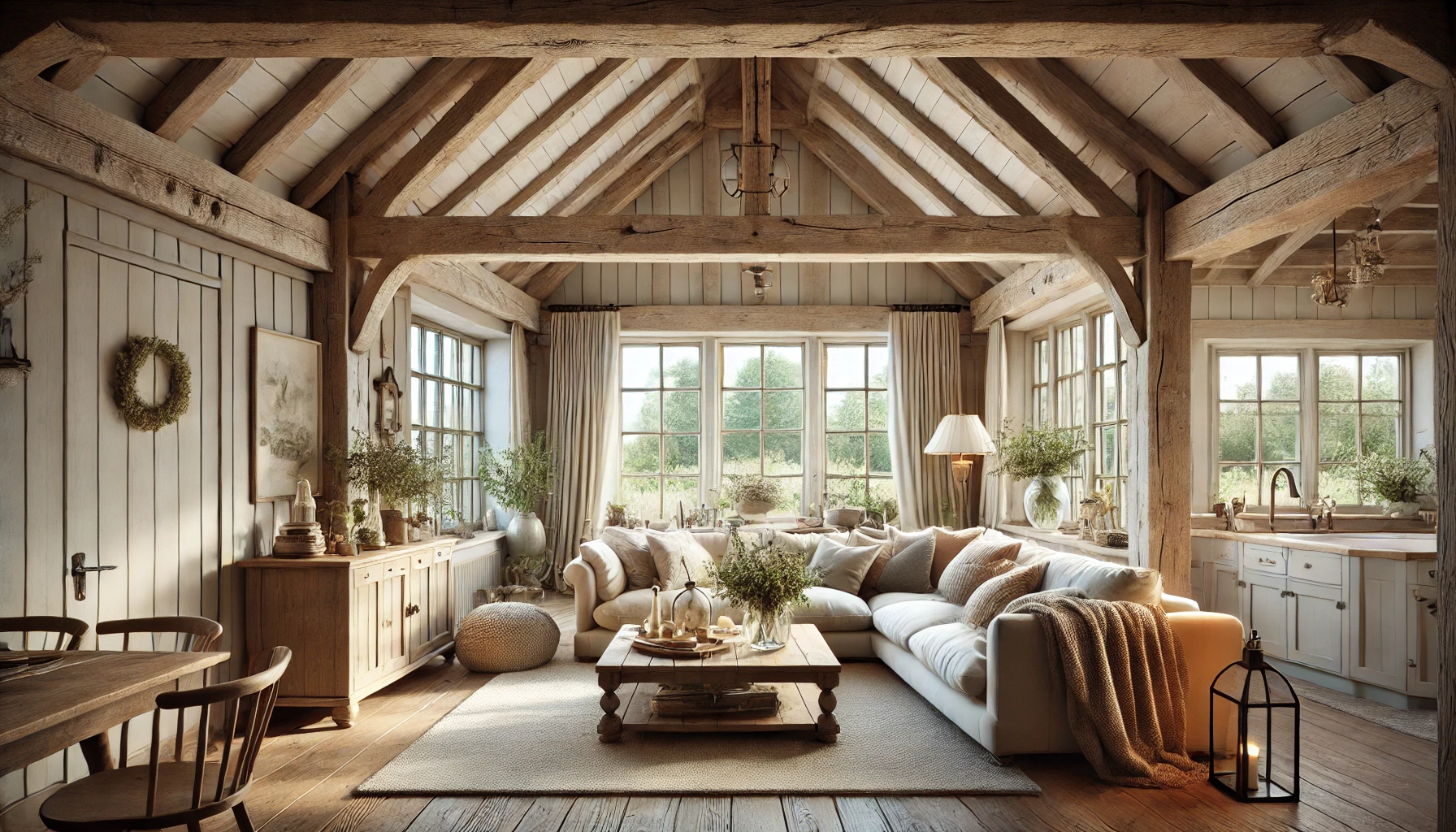 Cozy Cottage Living Room With Rustic Wooden Beams, Soft Neutral Colors, And Large Windows Letting In Natural Light.