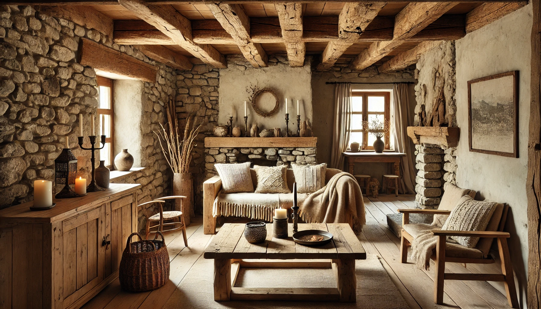 cozy rustic living room featuring exposed wooden beams, stone walls, and raw wood furniture, decorated with natural materials like wool blankets, metal candle holders, and woven baskets.