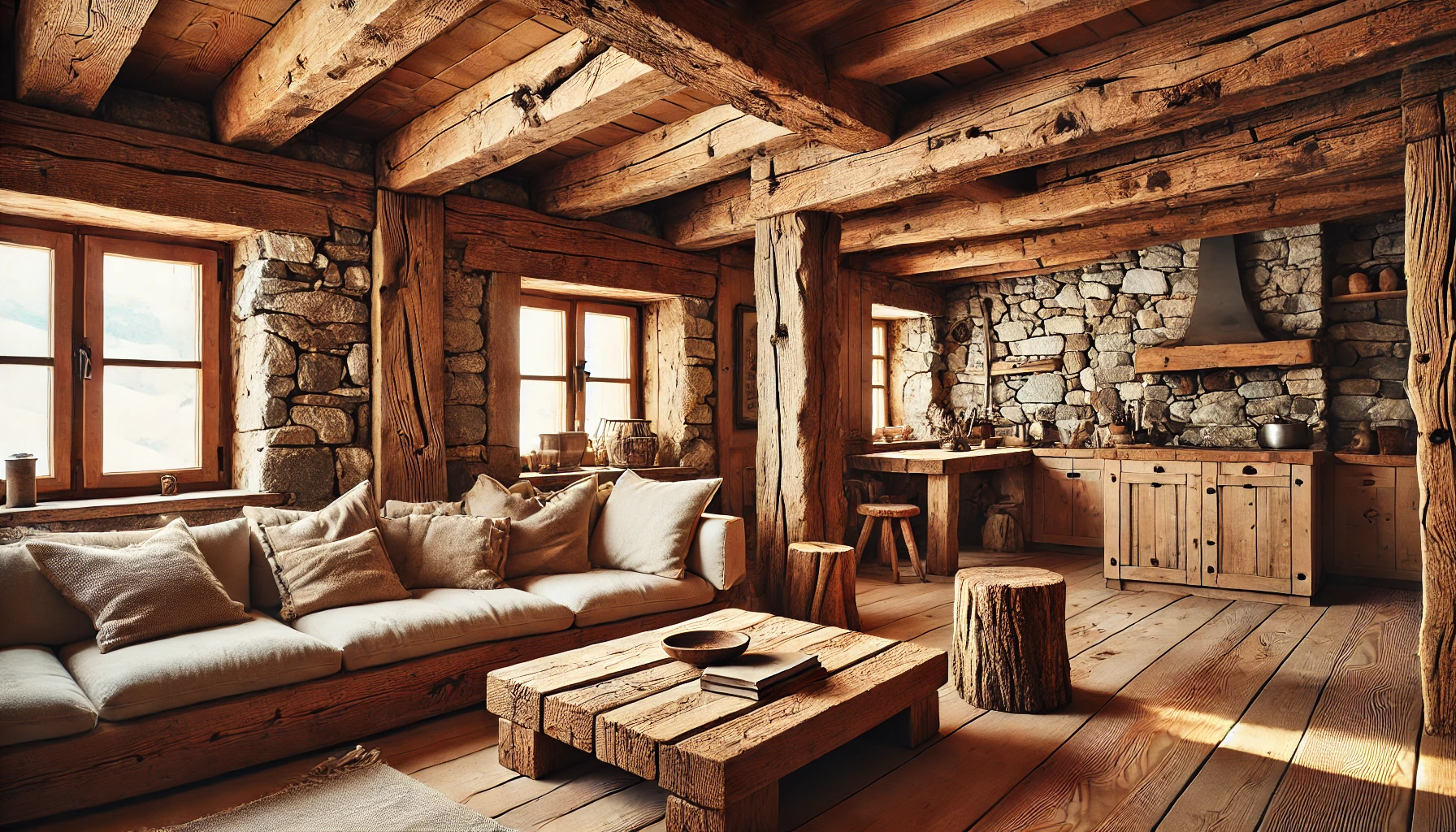 Cozy Rustic Living Room With Exposed Wooden Beams, Stone Walls, And Raw, Unfinished Wooden Furniture, Creating A Warm And Inviting Atmosphere.