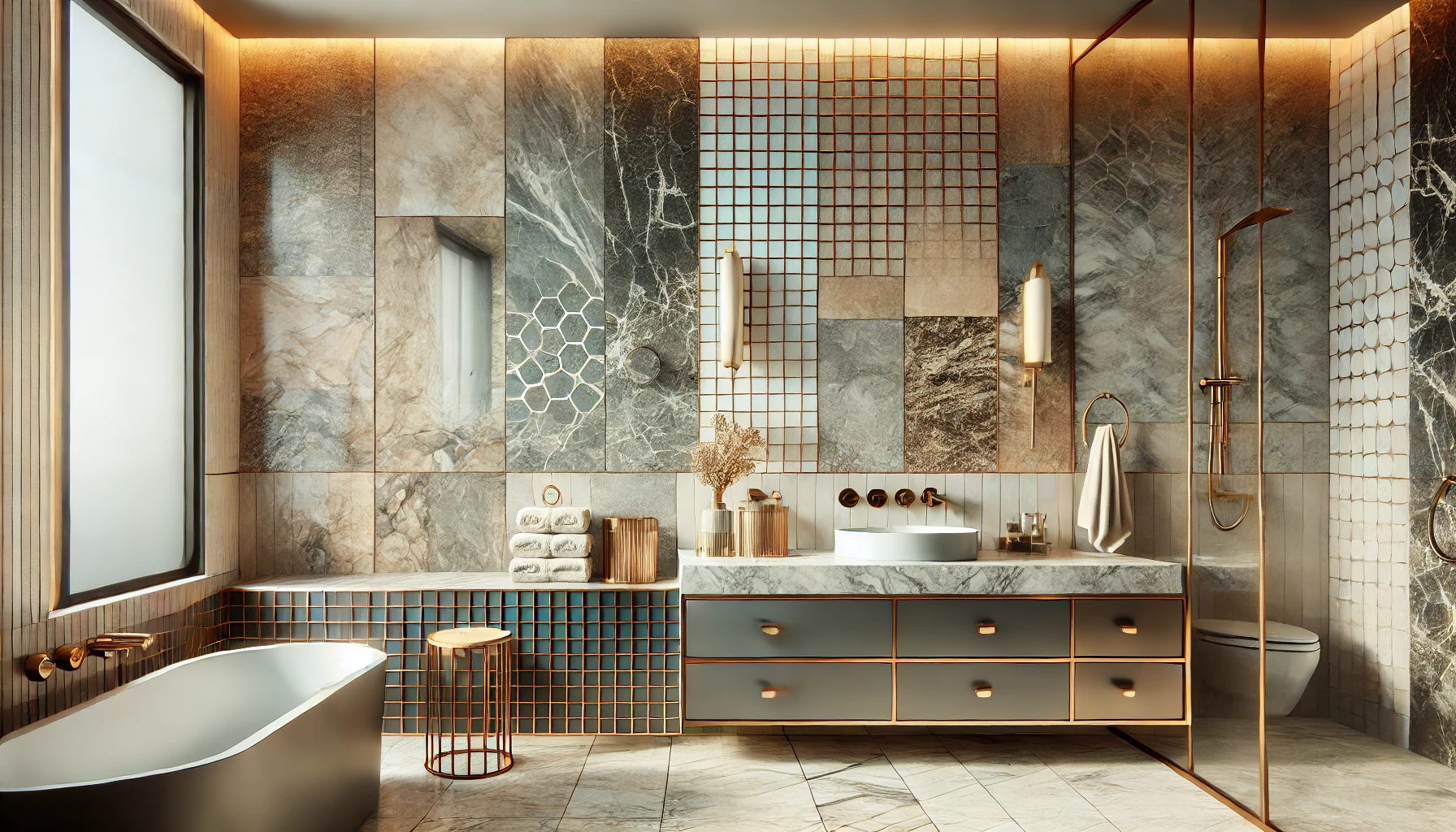 depiction of a bathroom featuring a variety of materials such as marble countertops, ceramic tiles, and metallic fixtures, creating a luxurious and stylish space.