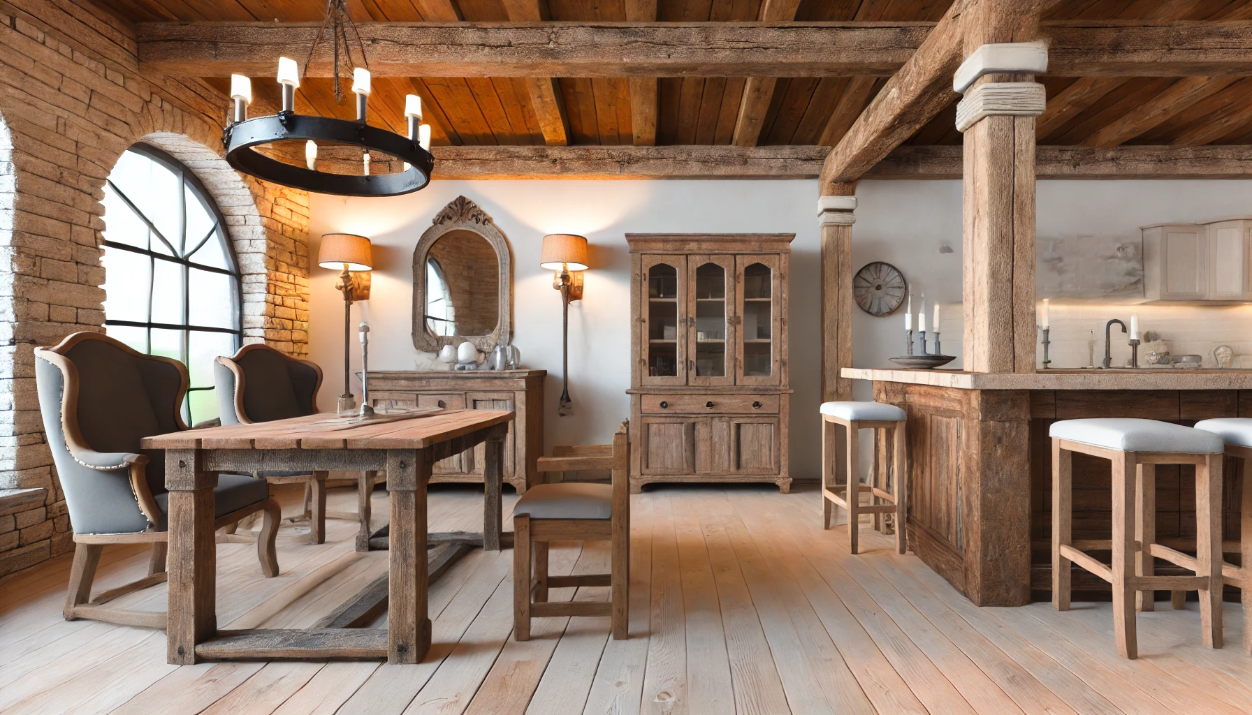 Dream Rustic Home Interior Featuring Reclaimed Wood Furniture, Vintage Lighting, And Natural Stone Accents.