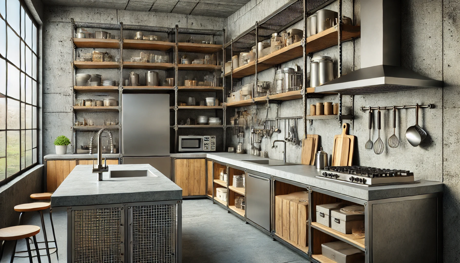 Durable Industrial Kitchen With Concrete Countertops, Metal Shelving, And Wooden Cabinetry, Showcasing A Clean And Practical Design.