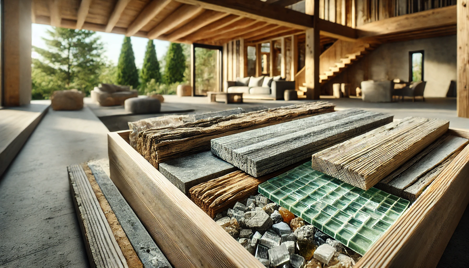 Eco Friendly Building Materials, Including Reclaimed Wood, Recycled Glass, And Natural Stone, Being Used In A Modern, Sustainable Home Construction Project.