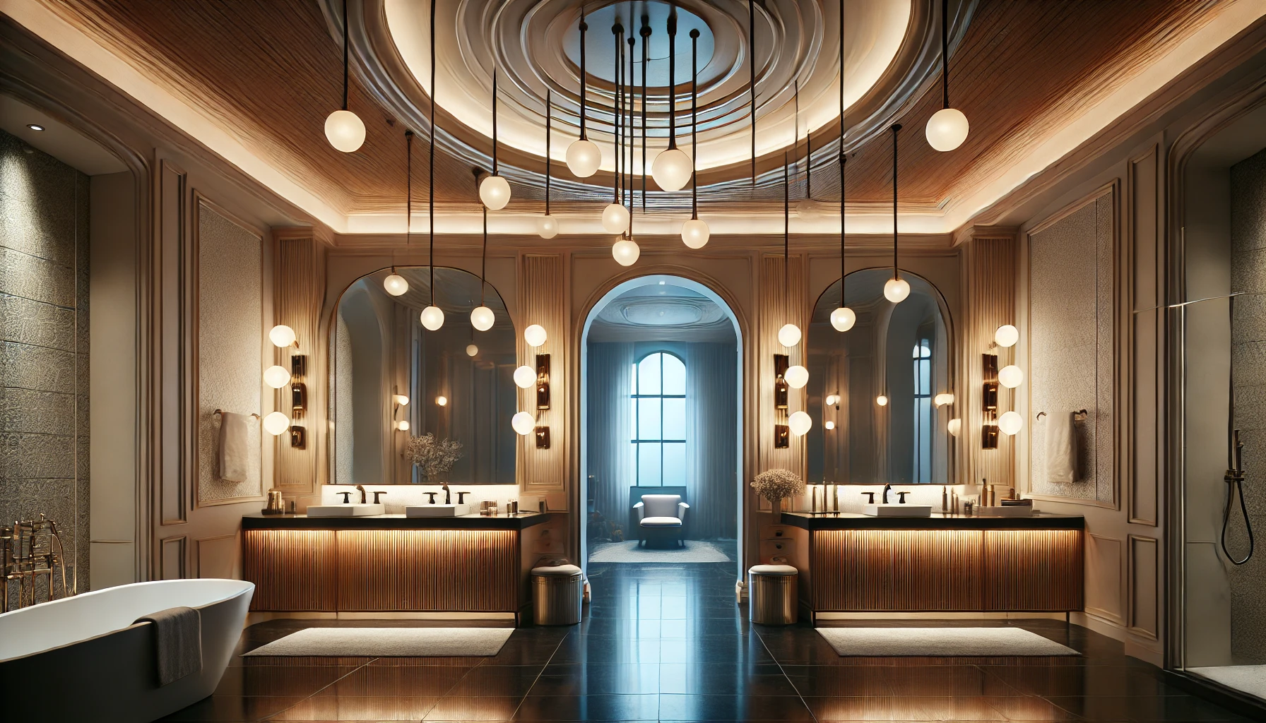 elegant bathroom with multiple lighting sources, including vanity lights, overhead lighting, and accent lights, creating a warm and luxurious atmosphere.