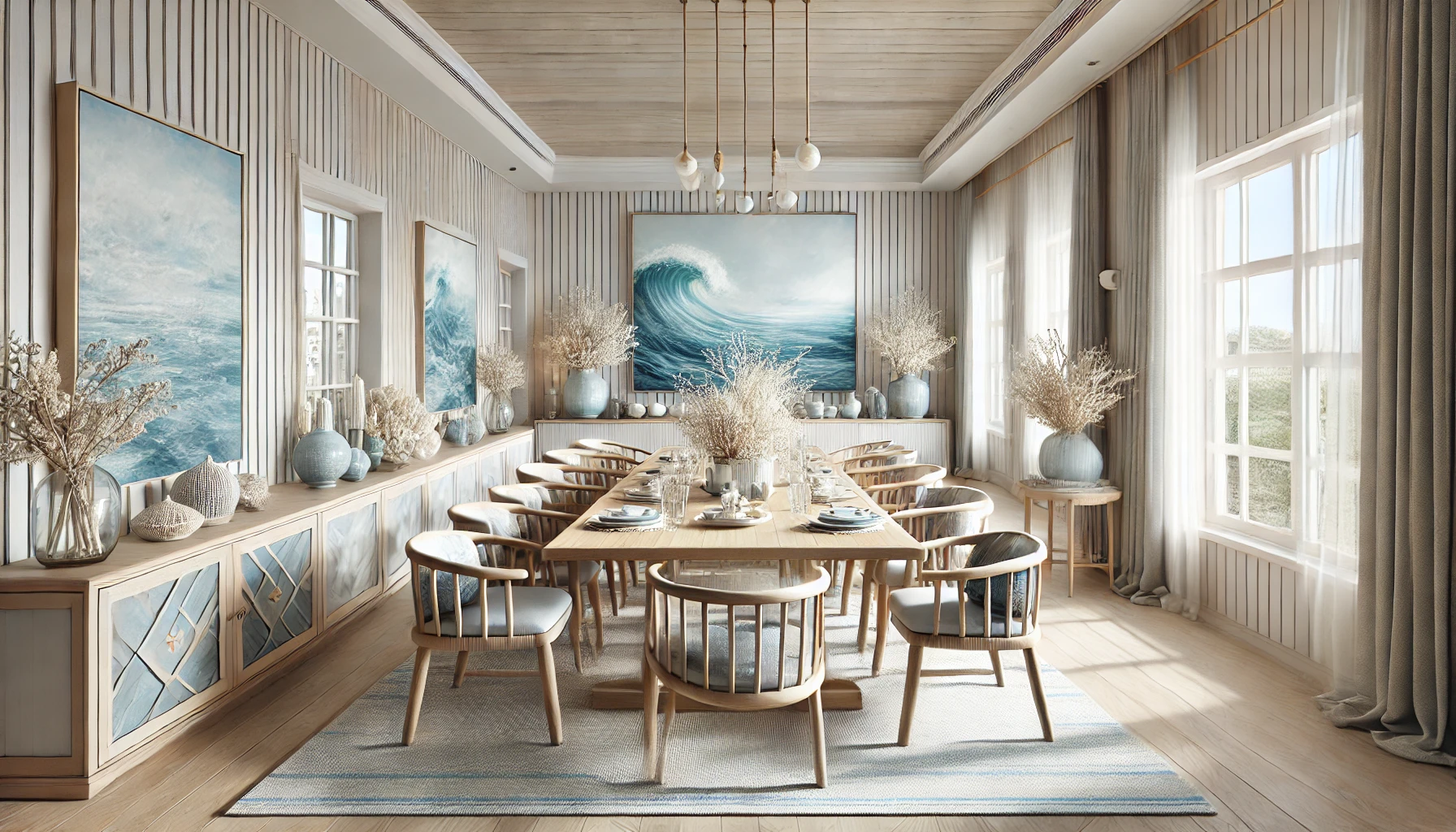 elegant coastal dining area featuring soft blue and white tones, natural wood furniture, and ocean-inspired decor.