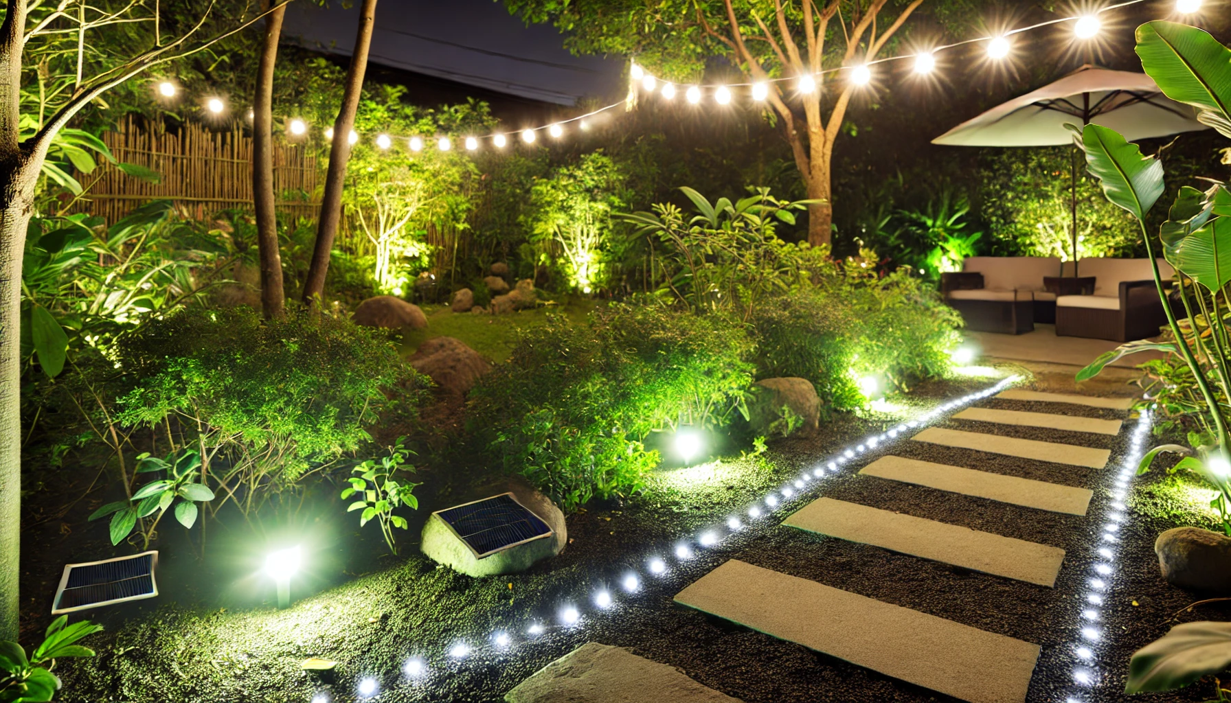 Garden Illuminated By Solar Powered Pathway Lights And Ambient String Lights, Creating A Cozy And Eco Friendly Nighttime Atmosphere.