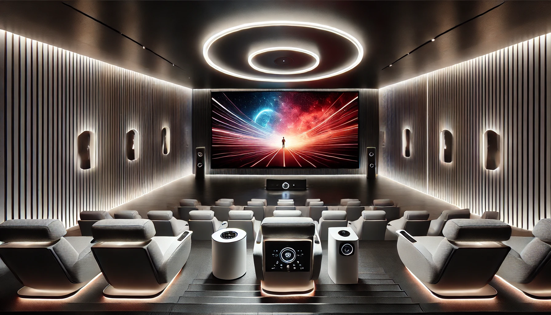 High Tech Home Theater With A Smart Lighting System And A Sleek, Modern Design.