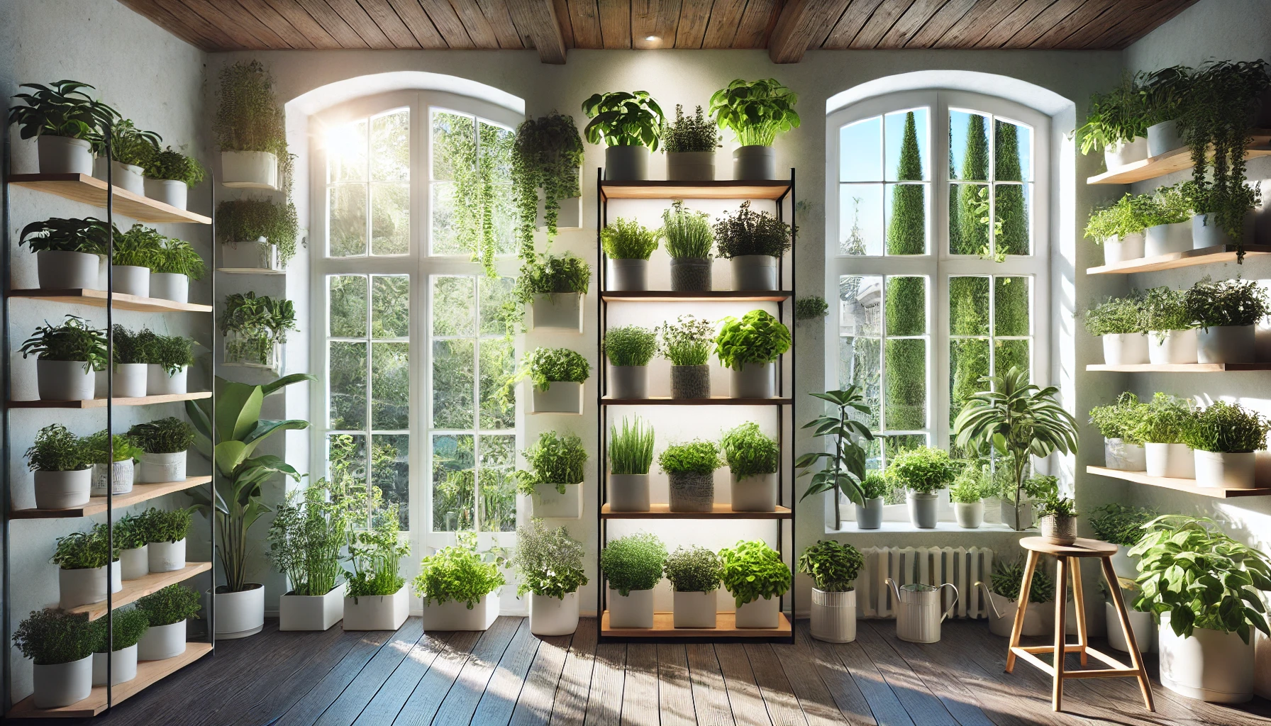 Indoor Window Garden With Herb Filled Planters, Shelves, And Sunlight Streaming Through Large Windows.