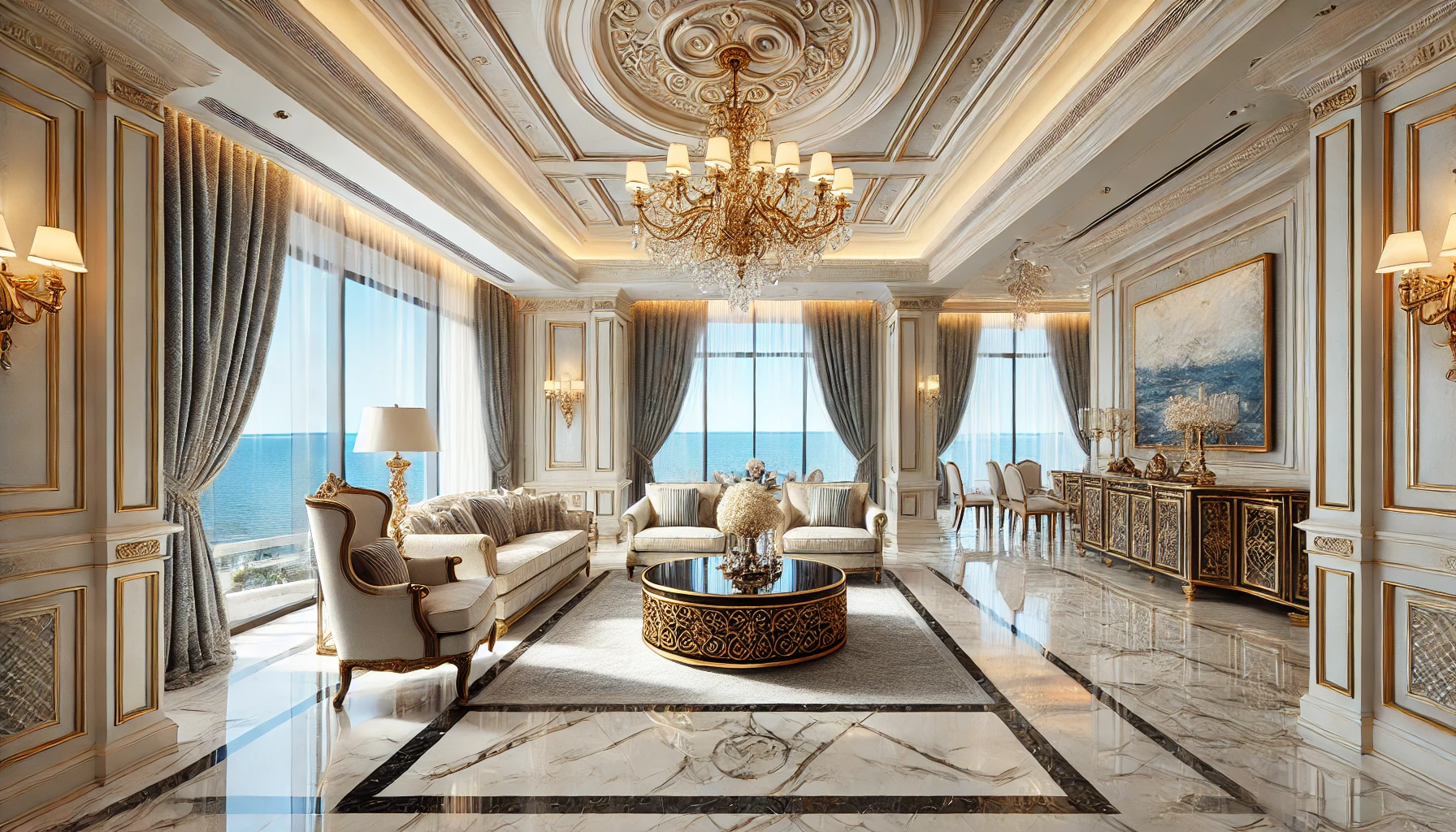 luxurious coastal home with high-end finishes, a grand chandelier, marble flooring, and elegant furniture. Large windows offer panoramic ocean views, while the decor exudes opulence with gold accents