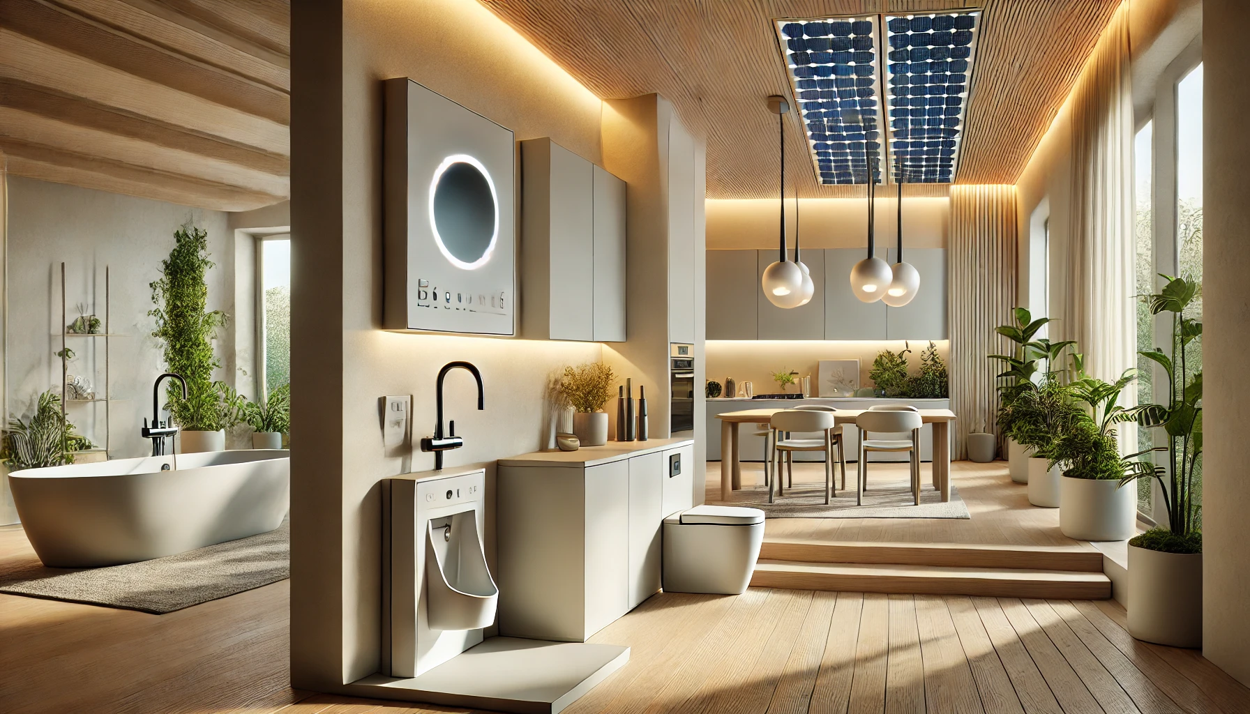 minimalist, eco-conscious home interior, showcasing energy-efficient appliances, solar-powered lighting, and low-flow water fixtures in a clean, modern setting.